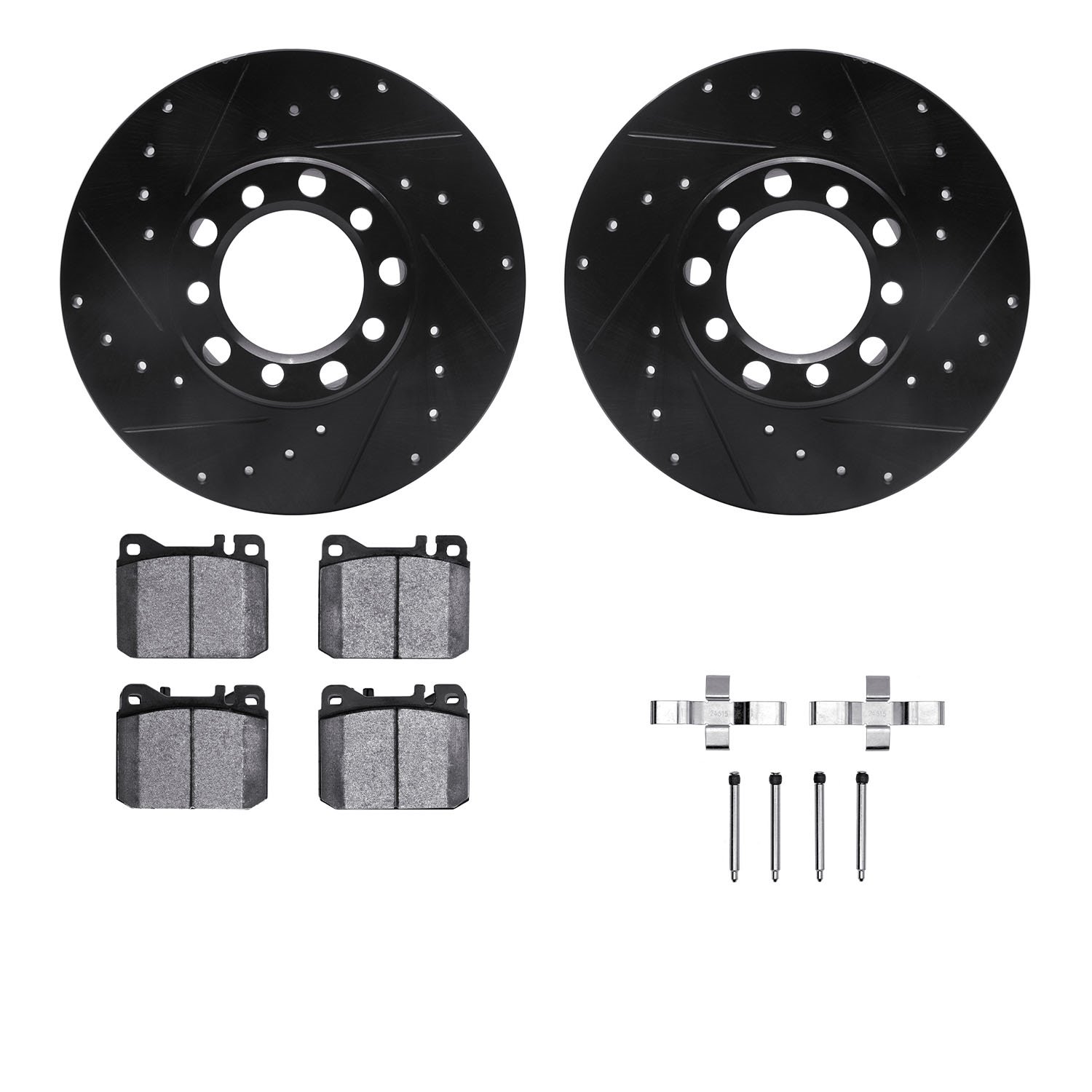 8612-63017 Drilled/Slotted Brake Rotors w/5000 Euro Ceramic Brake Pads Kit & Hardware [Black], 1979-1985 Mercedes-Benz, Position