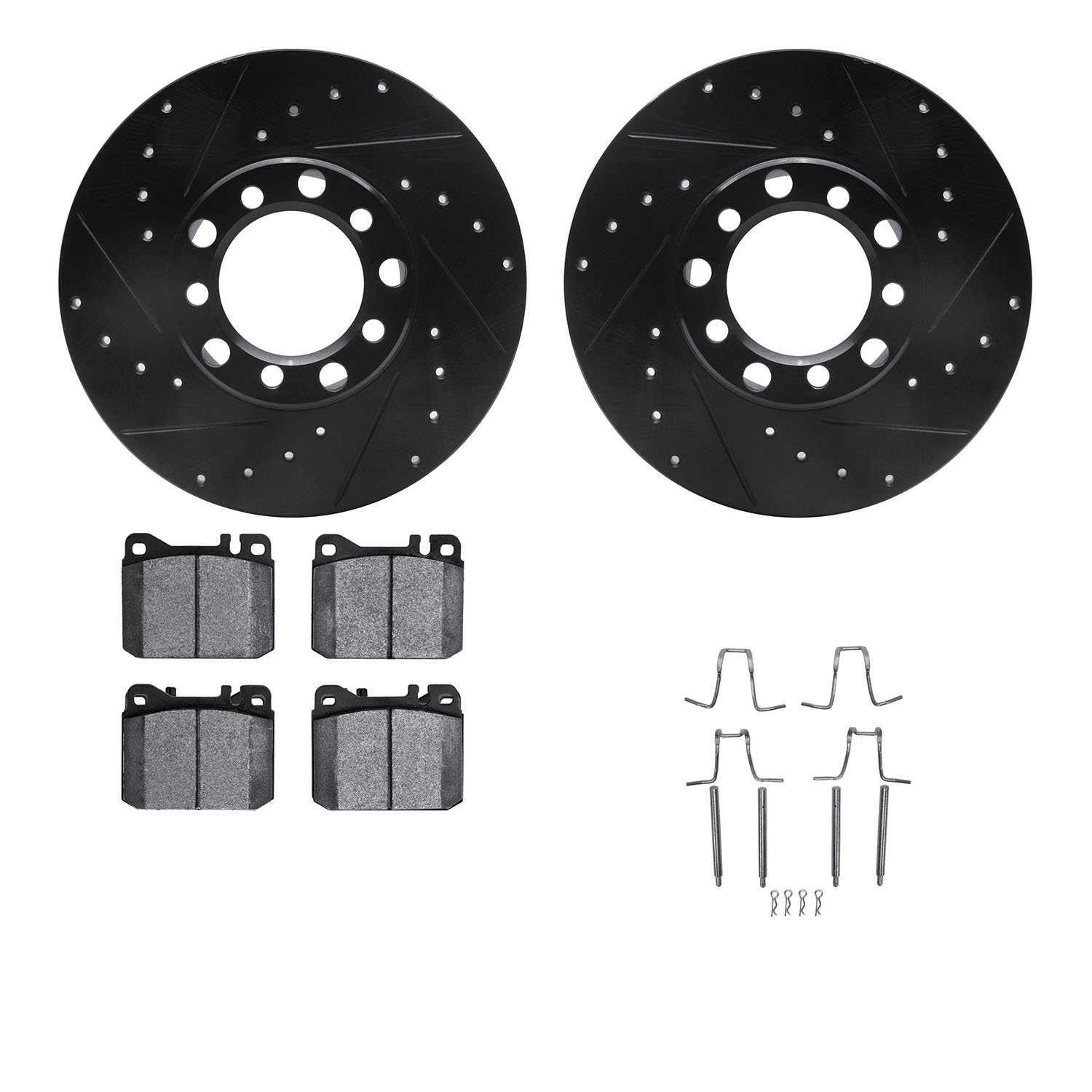 8612-63018 Drilled/Slotted Brake Rotors w/5000 Euro Ceramic Brake Pads Kit & Hardware [Black], 1980-1985 Mercedes-Benz, Position