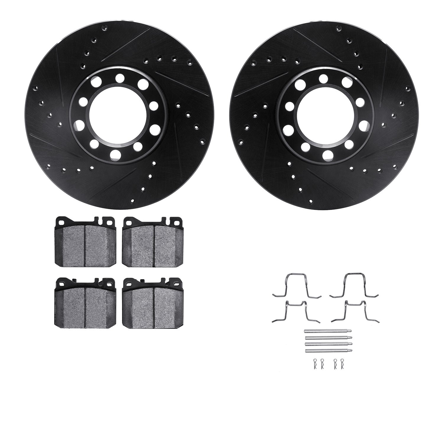 8612-63020 Drilled/Slotted Brake Rotors w/5000 Euro Ceramic Brake Pads Kit & Hardware [Black], 1979-1985 Mercedes-Benz, Position