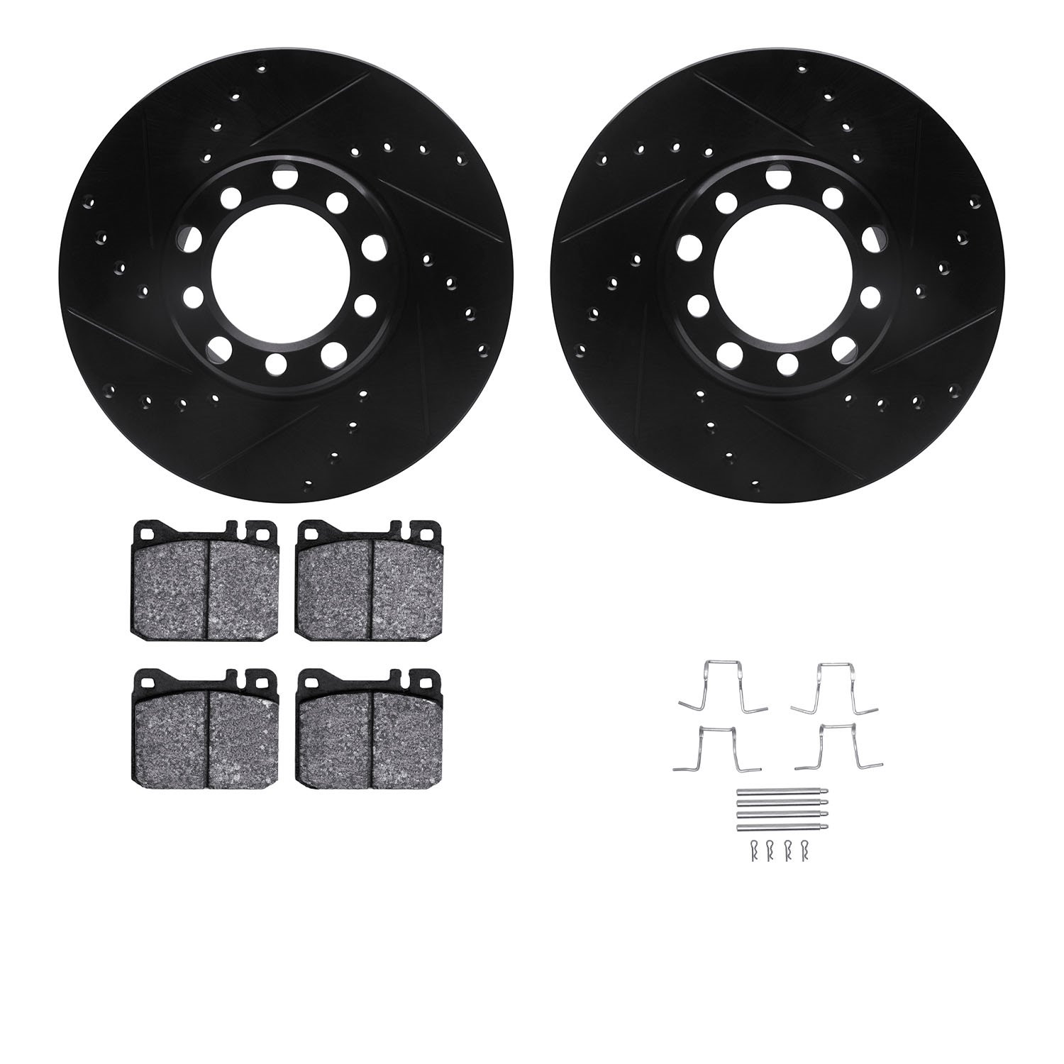 8612-63022 Drilled/Slotted Brake Rotors w/5000 Euro Ceramic Brake Pads Kit & Hardware [Black], 1973-1979 Mercedes-Benz, Position