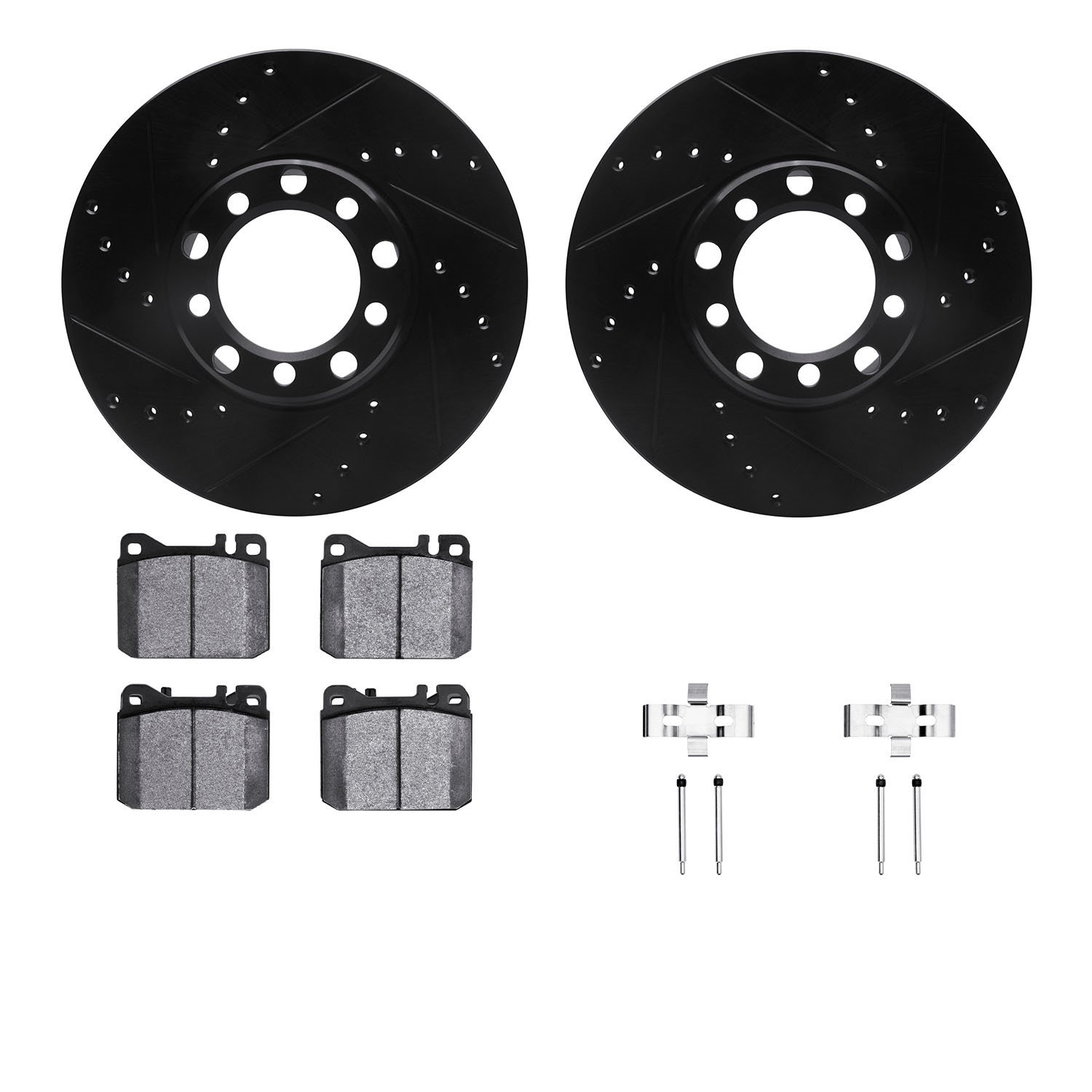 8612-63024 Drilled/Slotted Brake Rotors w/5000 Euro Ceramic Brake Pads Kit & Hardware [Black], 1979-1980 Mercedes-Benz, Position