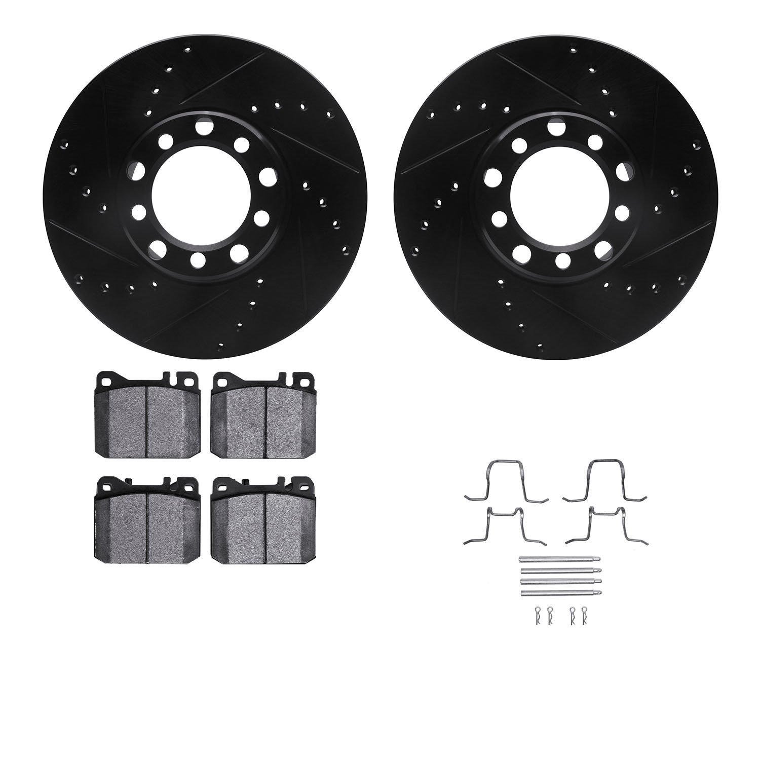 8612-63025 Drilled/Slotted Brake Rotors w/5000 Euro Ceramic Brake Pads Kit & Hardware [Black], 1979-1980 Mercedes-Benz, Position