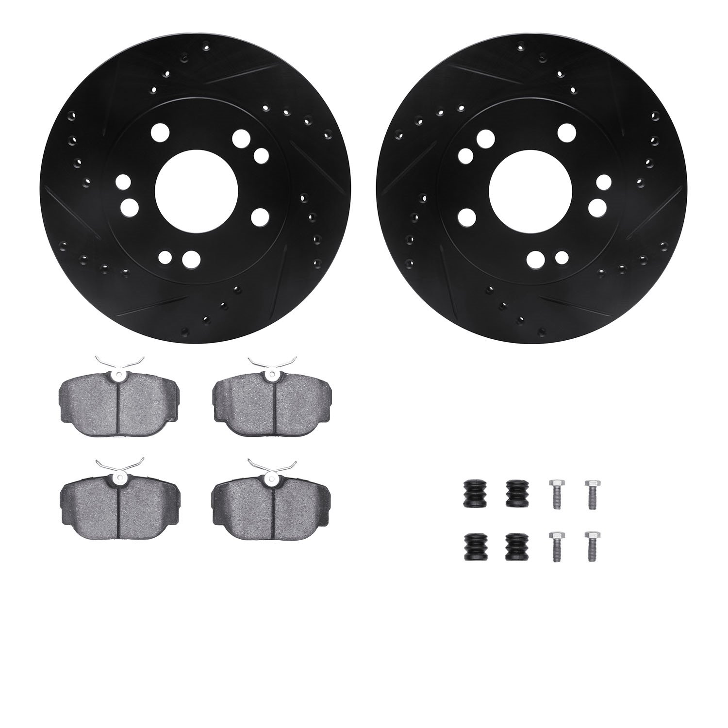 8612-63027 Drilled/Slotted Brake Rotors w/5000 Euro Ceramic Brake Pads Kit & Hardware [Black], 1987-1987 Mercedes-Benz, Position