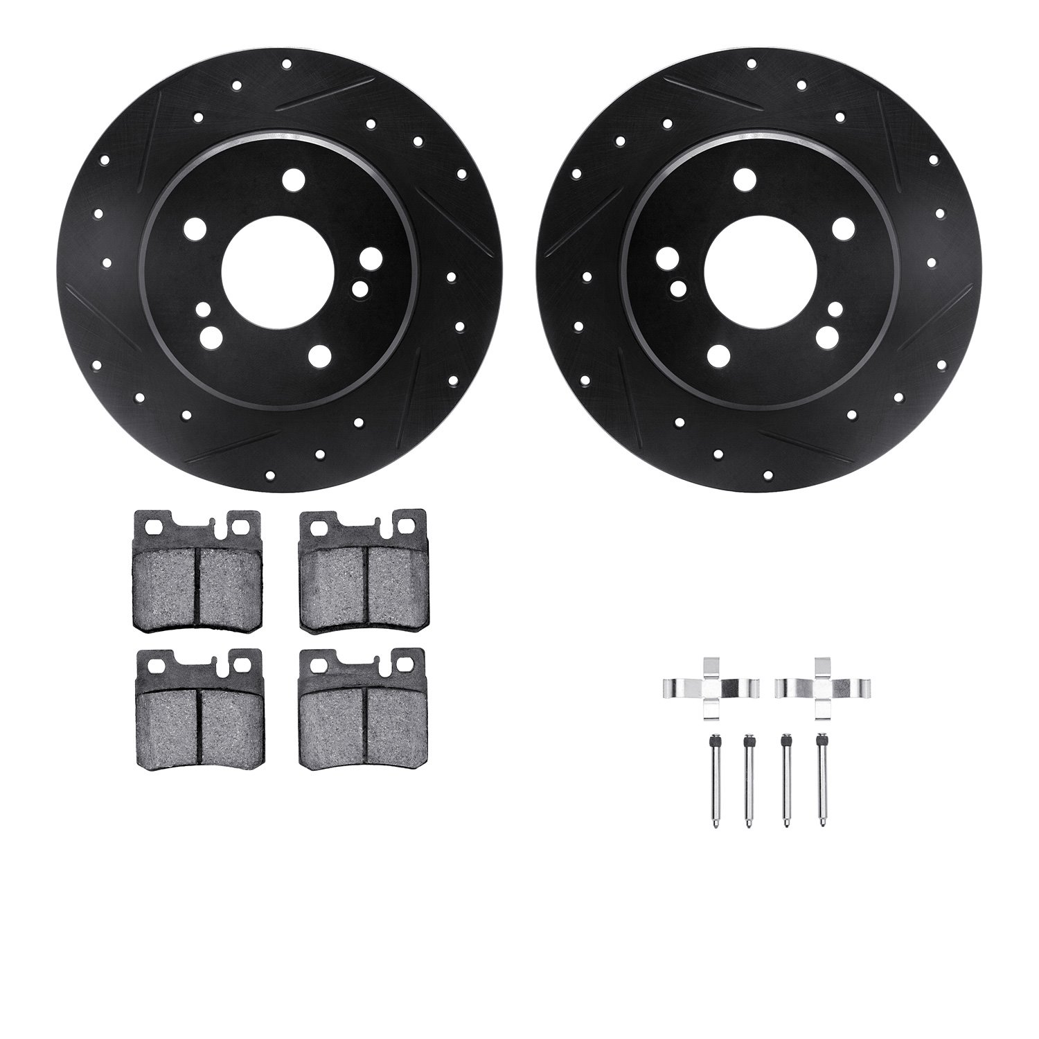 8612-63028 Drilled/Slotted Brake Rotors w/5000 Euro Ceramic Brake Pads Kit & Hardware [Black], 1987-2000 Mercedes-Benz, Position