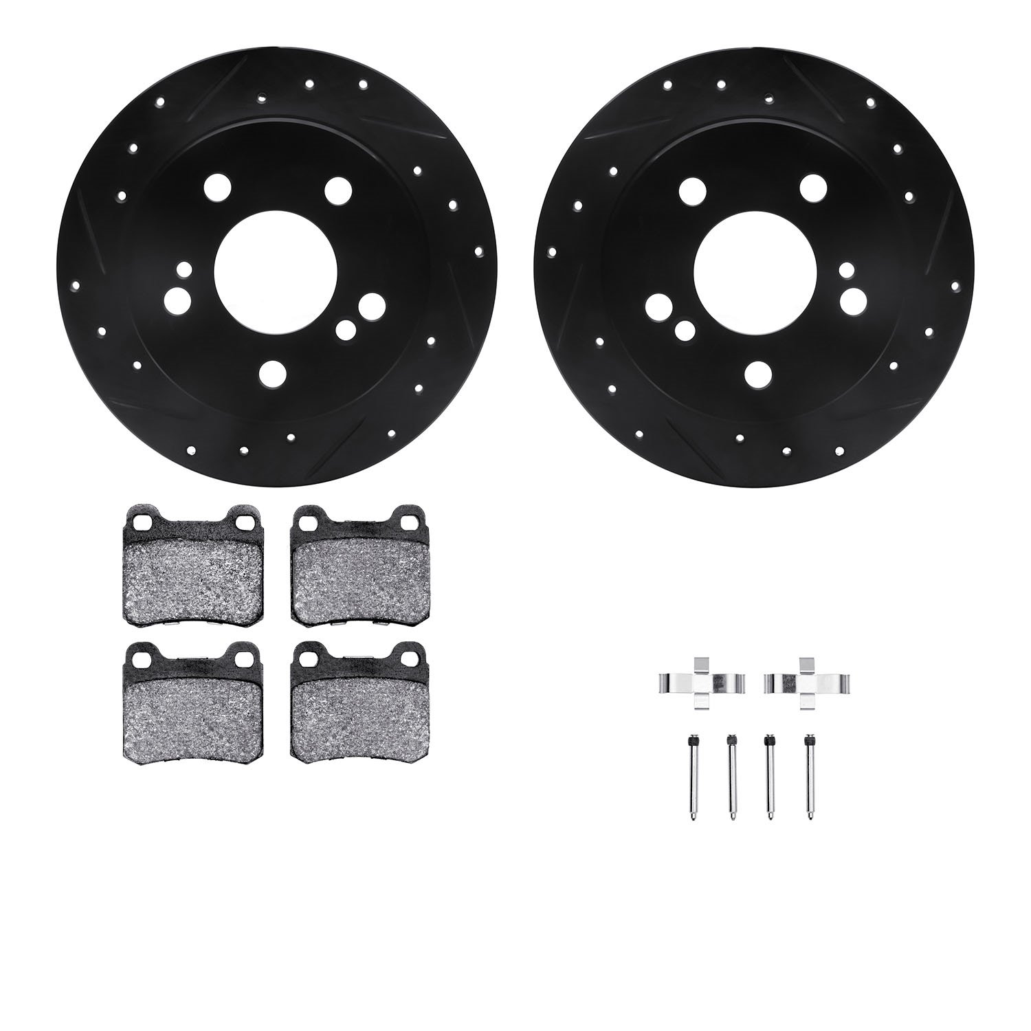 8612-63032 Drilled/Slotted Brake Rotors w/5000 Euro Ceramic Brake Pads Kit & Hardware [Black], 1984-1989 Mercedes-Benz, Position