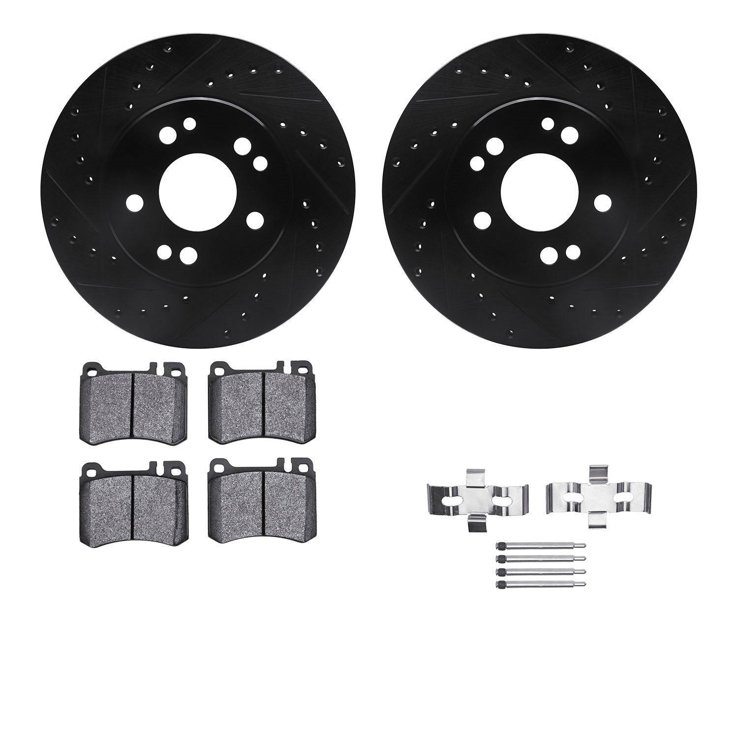 8612-63035 Drilled/Slotted Brake Rotors w/5000 Euro Ceramic Brake Pads Kit & Hardware [Black], 1986-1989 Mercedes-Benz, Position