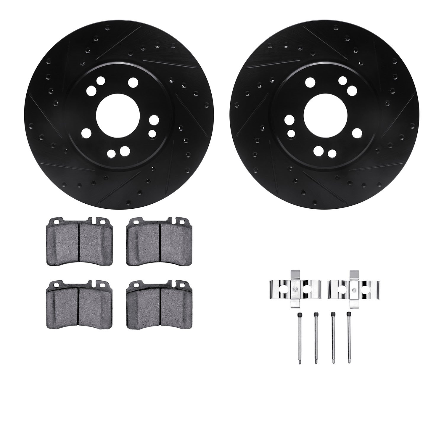 8612-63038 Drilled/Slotted Brake Rotors w/5000 Euro Ceramic Brake Pads Kit & Hardware [Black], 1990-1998 Mercedes-Benz, Position
