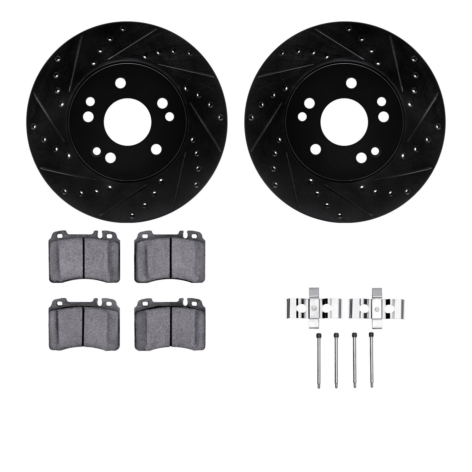 8612-63039 Drilled/Slotted Brake Rotors w/5000 Euro Ceramic Brake Pads Kit & Hardware [Black], 1990-1995 Mercedes-Benz, Position