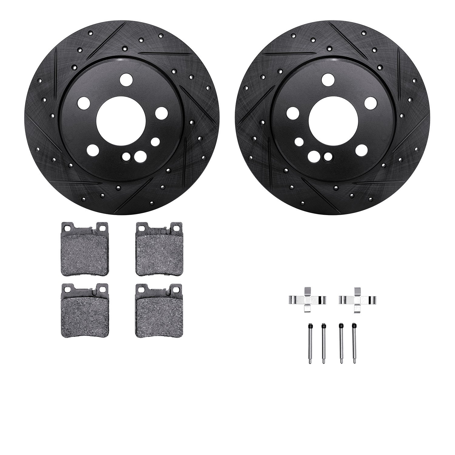 8612-63040 Drilled/Slotted Brake Rotors w/5000 Euro Ceramic Brake Pads Kit & Hardware [Black], 1991-1999 Mercedes-Benz, Position