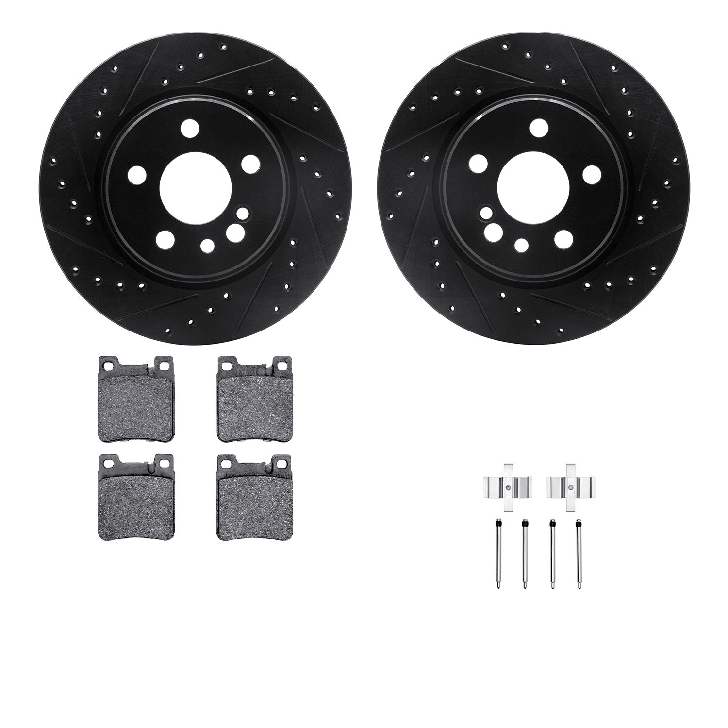 8612-63041 Drilled/Slotted Brake Rotors w/5000 Euro Ceramic Brake Pads Kit & Hardware [Black], 1992-1999 Mercedes-Benz, Position