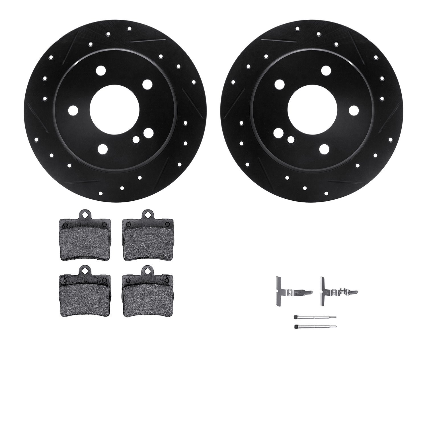 8612-63046 Drilled/Slotted Brake Rotors w/5000 Euro Ceramic Brake Pads Kit & Hardware [Black], 1994-1998 Mercedes-Benz, Position