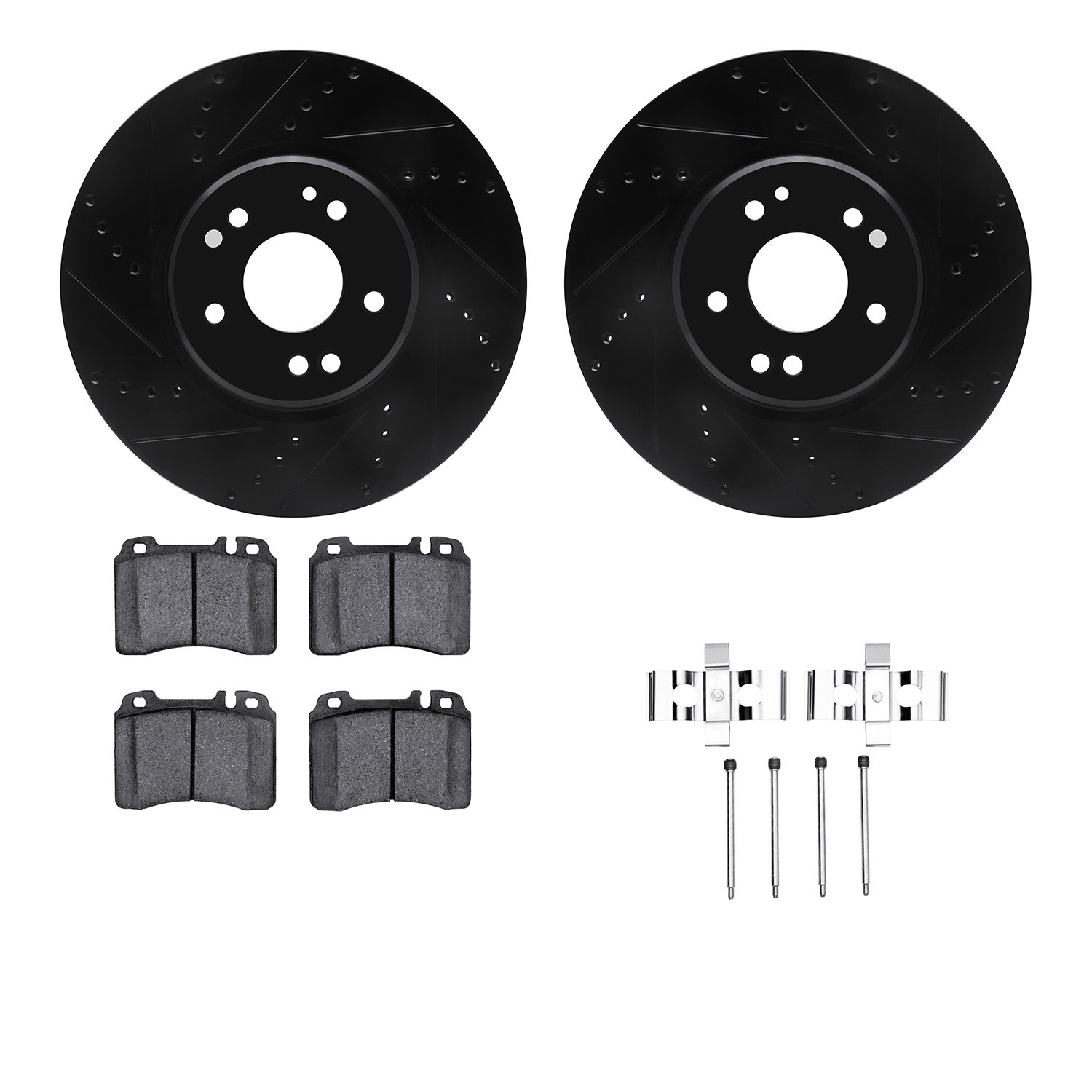 8612-63047 Drilled/Slotted Brake Rotors w/5000 Euro Ceramic Brake Pads Kit & Hardware [Black], 1994-2002 Mercedes-Benz, Position