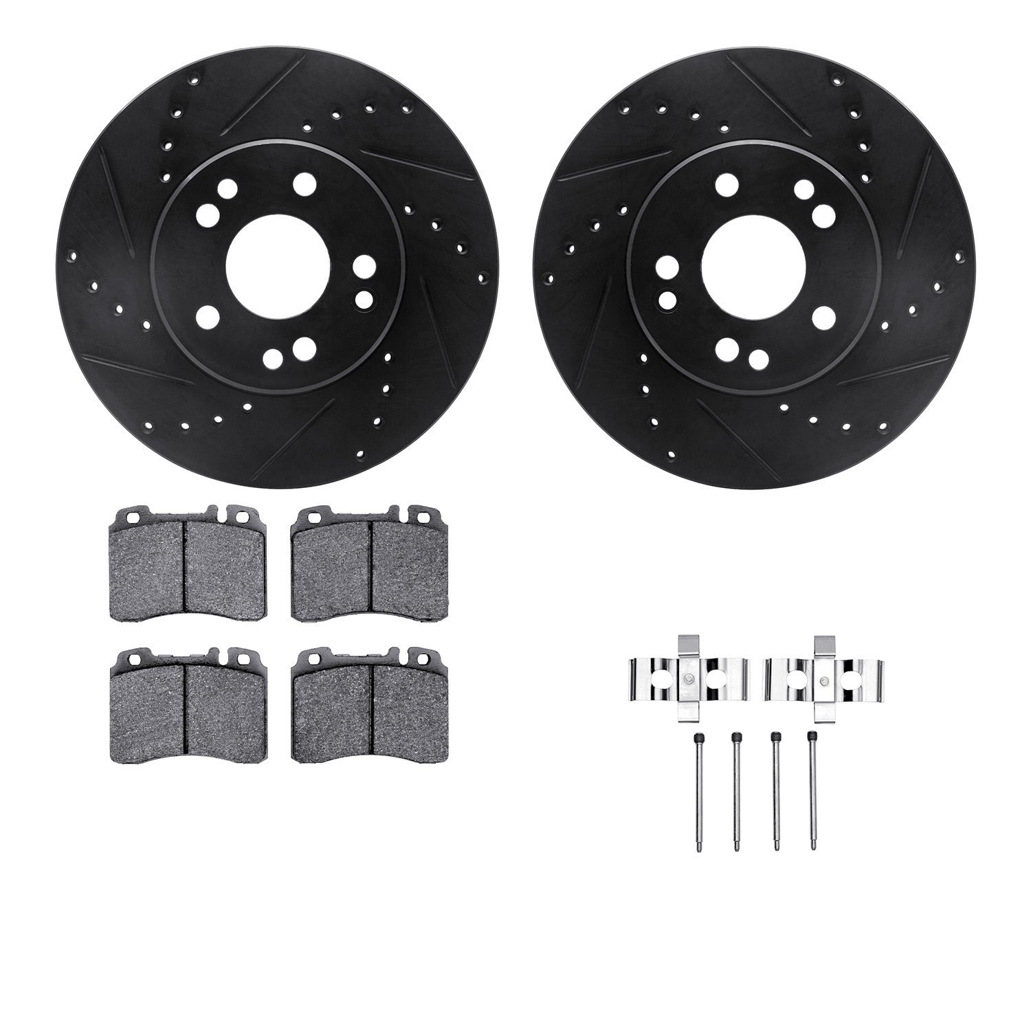 8612-63049 Drilled/Slotted Brake Rotors w/5000 Euro Ceramic Brake Pads Kit & Hardware [Black], 1990-1995 Mercedes-Benz, Position
