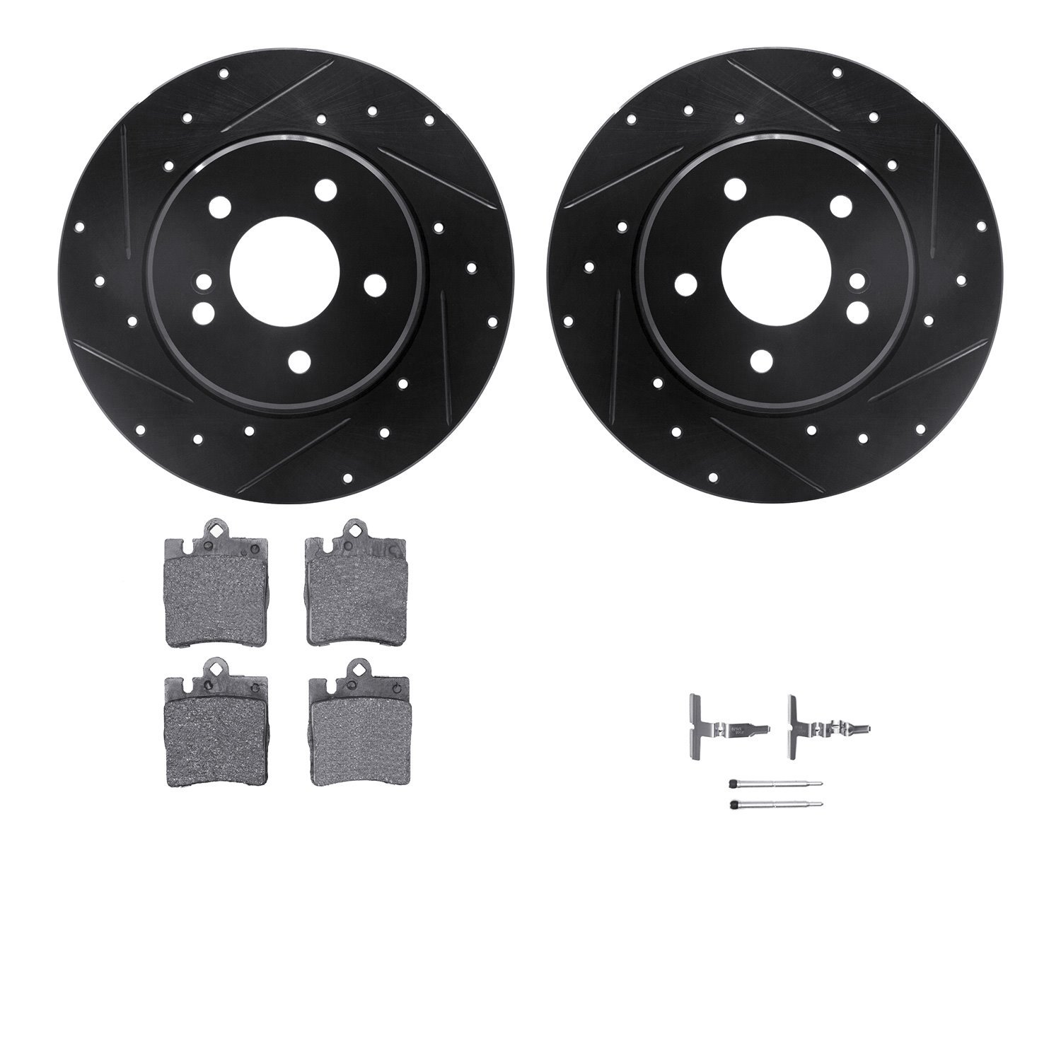 8612-63051 Drilled/Slotted Brake Rotors w/5000 Euro Ceramic Brake Pads Kit & Hardware [Black], 1996-2011 Mercedes-Benz, Position