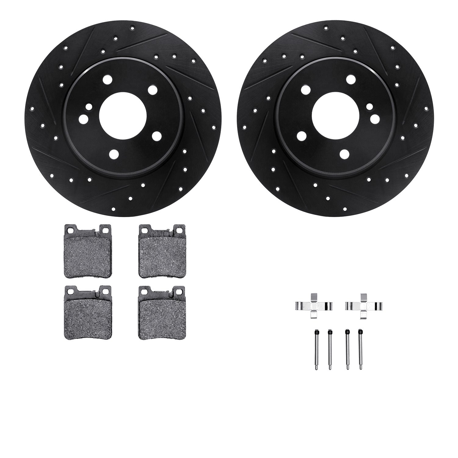 8612-63054 Drilled/Slotted Brake Rotors w/5000 Euro Ceramic Brake Pads Kit & Hardware [Black], 1998-2003 Mercedes-Benz, Position