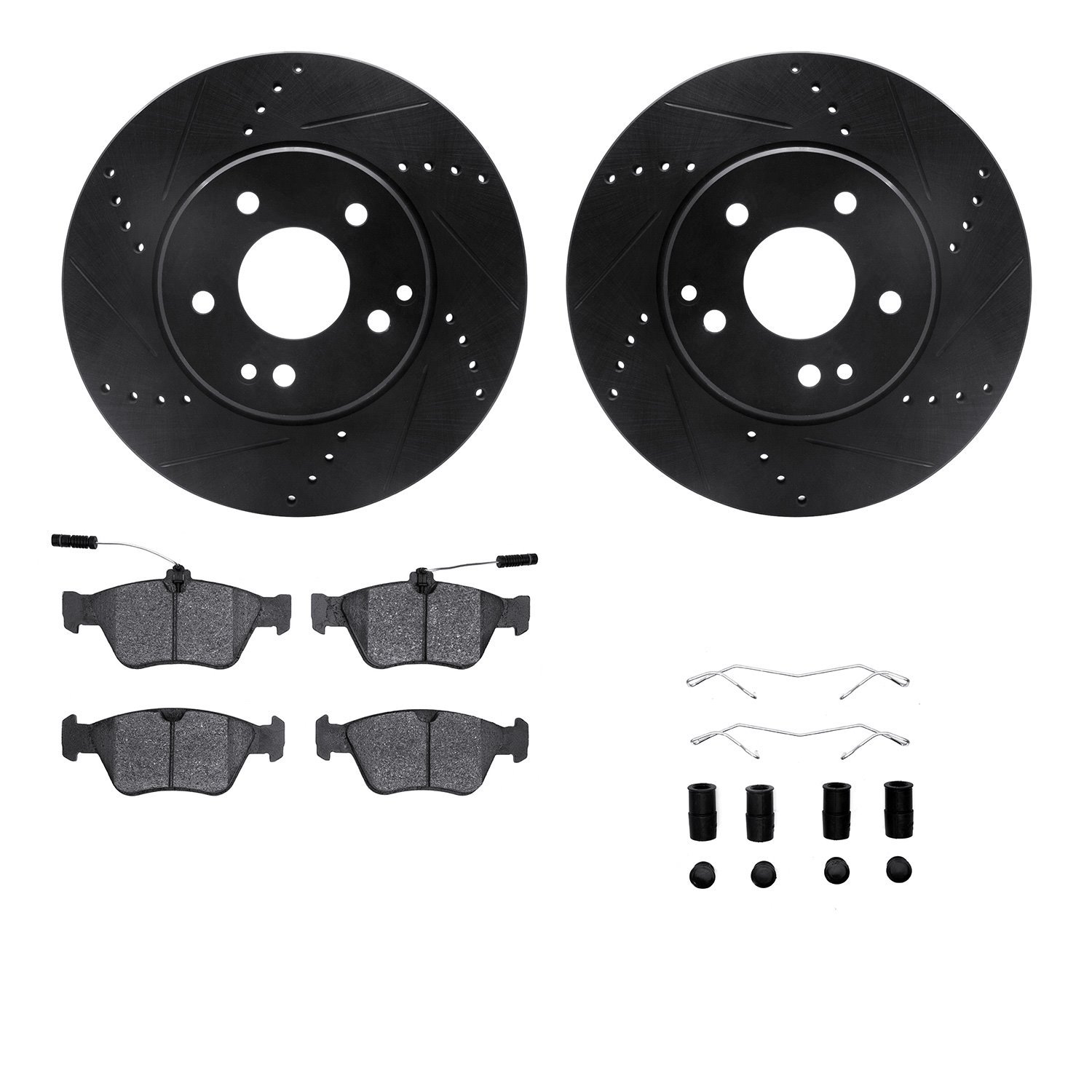 8612-63058 Drilled/Slotted Brake Rotors w/5000 Euro Ceramic Brake Pads Kit & Hardware [Black], 1996-2004 Mercedes-Benz, Position