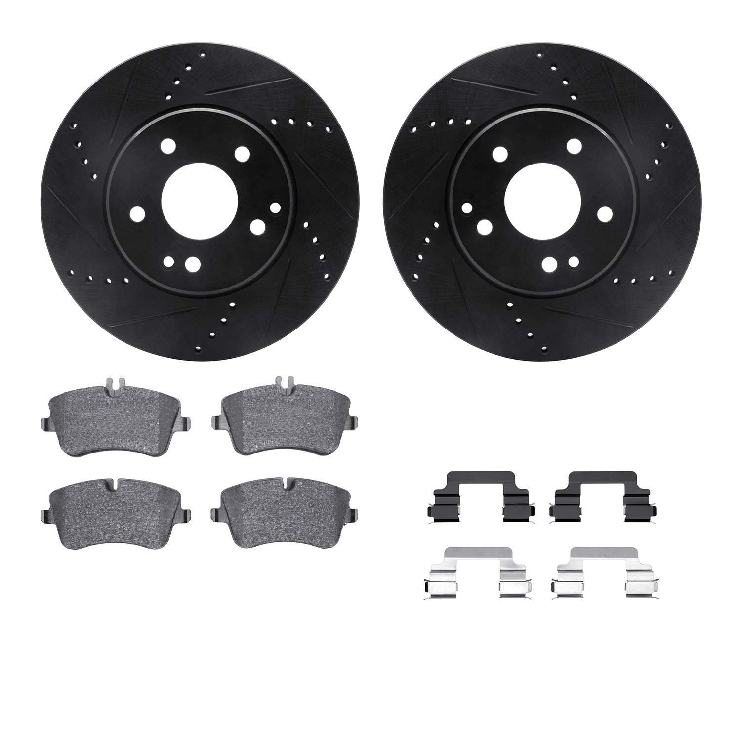 8612-63060 Drilled/Slotted Brake Rotors w/5000 Euro Ceramic Brake Pads Kit & Hardware [Black], 2003-2015 Mercedes-Benz, Position