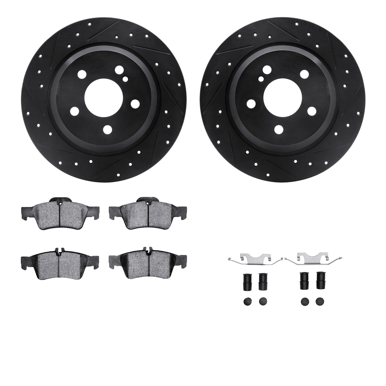 8612-63065 Drilled/Slotted Brake Rotors w/5000 Euro Ceramic Brake Pads Kit & Hardware [Black], 2003-2006 Mercedes-Benz, Position