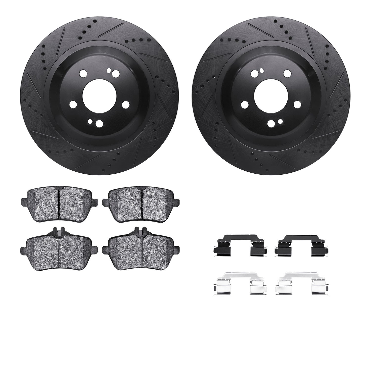 8612-63074 Drilled/Slotted Brake Rotors w/5000 Euro Ceramic Brake Pads Kit & Hardware [Black], 2014-2021 Mercedes-Benz, Position
