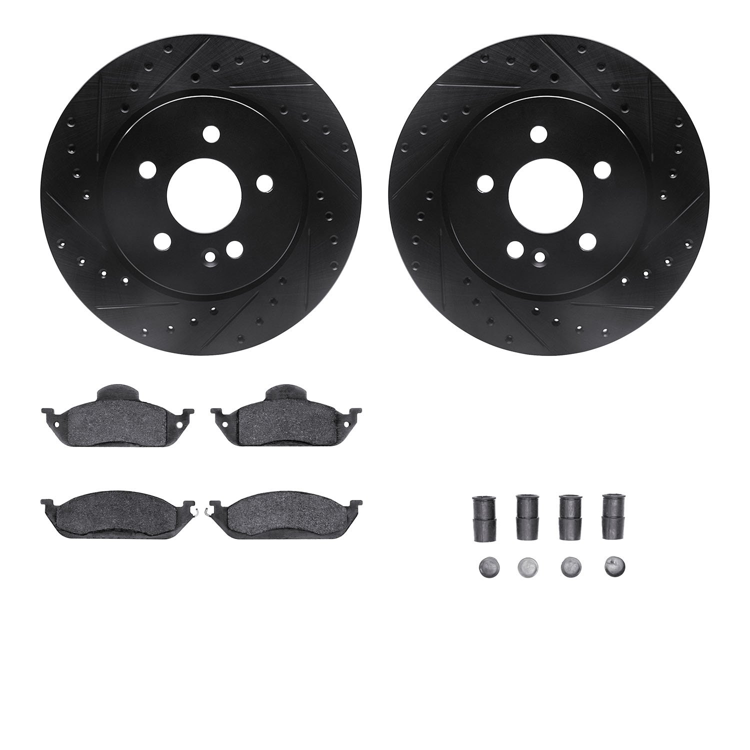 8612-63077 Drilled/Slotted Brake Rotors w/5000 Euro Ceramic Brake Pads Kit & Hardware [Black], 1998-2005 Mercedes-Benz, Position