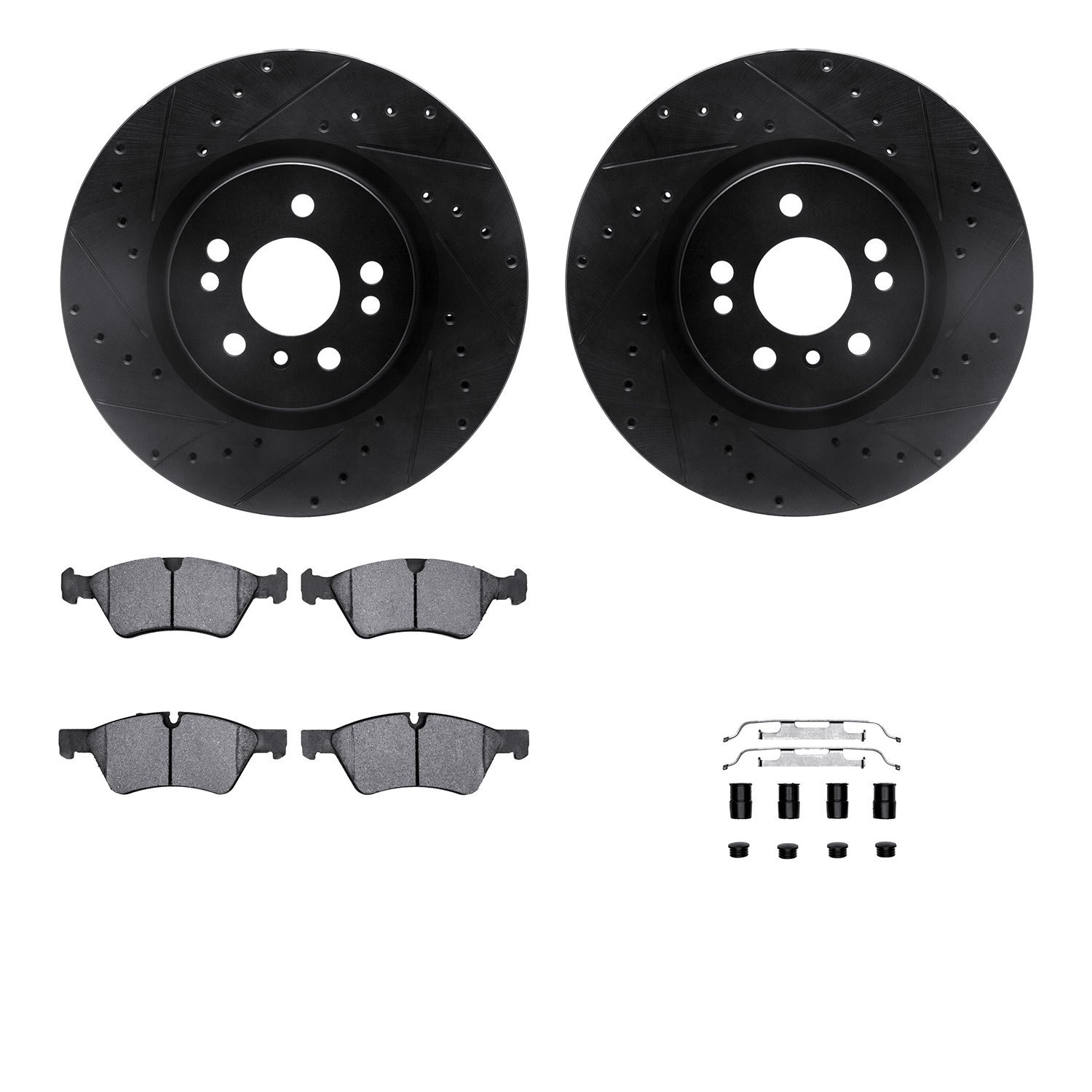 8612-63080 Drilled/Slotted Brake Rotors w/5000 Euro Ceramic Brake Pads Kit & Hardware [Black], 2006-2012 Mercedes-Benz, Position