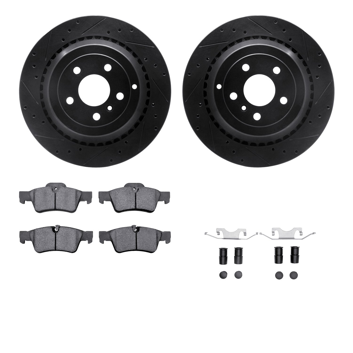 8612-63083 Drilled/Slotted Brake Rotors w/5000 Euro Ceramic Brake Pads Kit & Hardware [Black], 2006-2012 Mercedes-Benz, Position