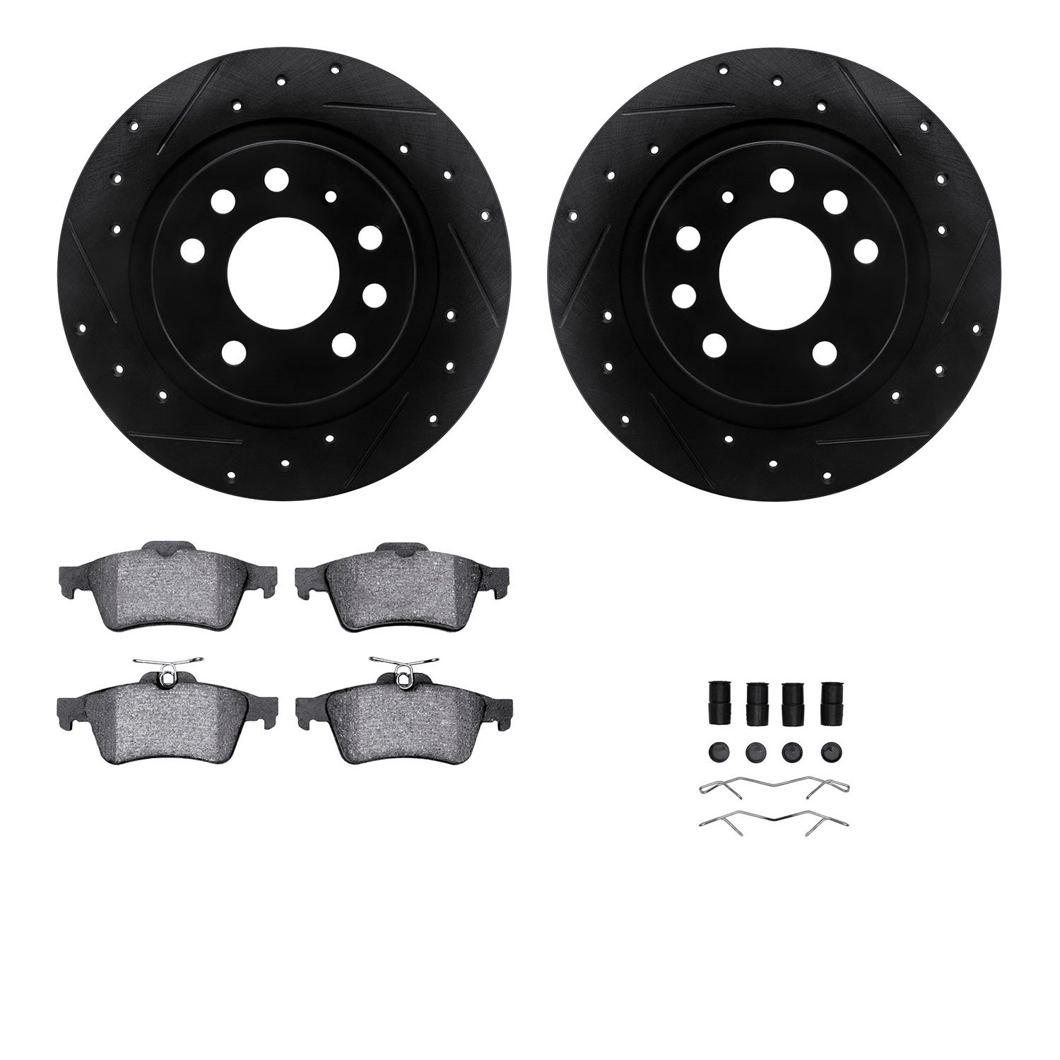 8612-65013 Drilled/Slotted Brake Rotors w/5000 Euro Ceramic Brake Pads Kit & Hardware [Black], 2003-2011 GM, Position: Rear