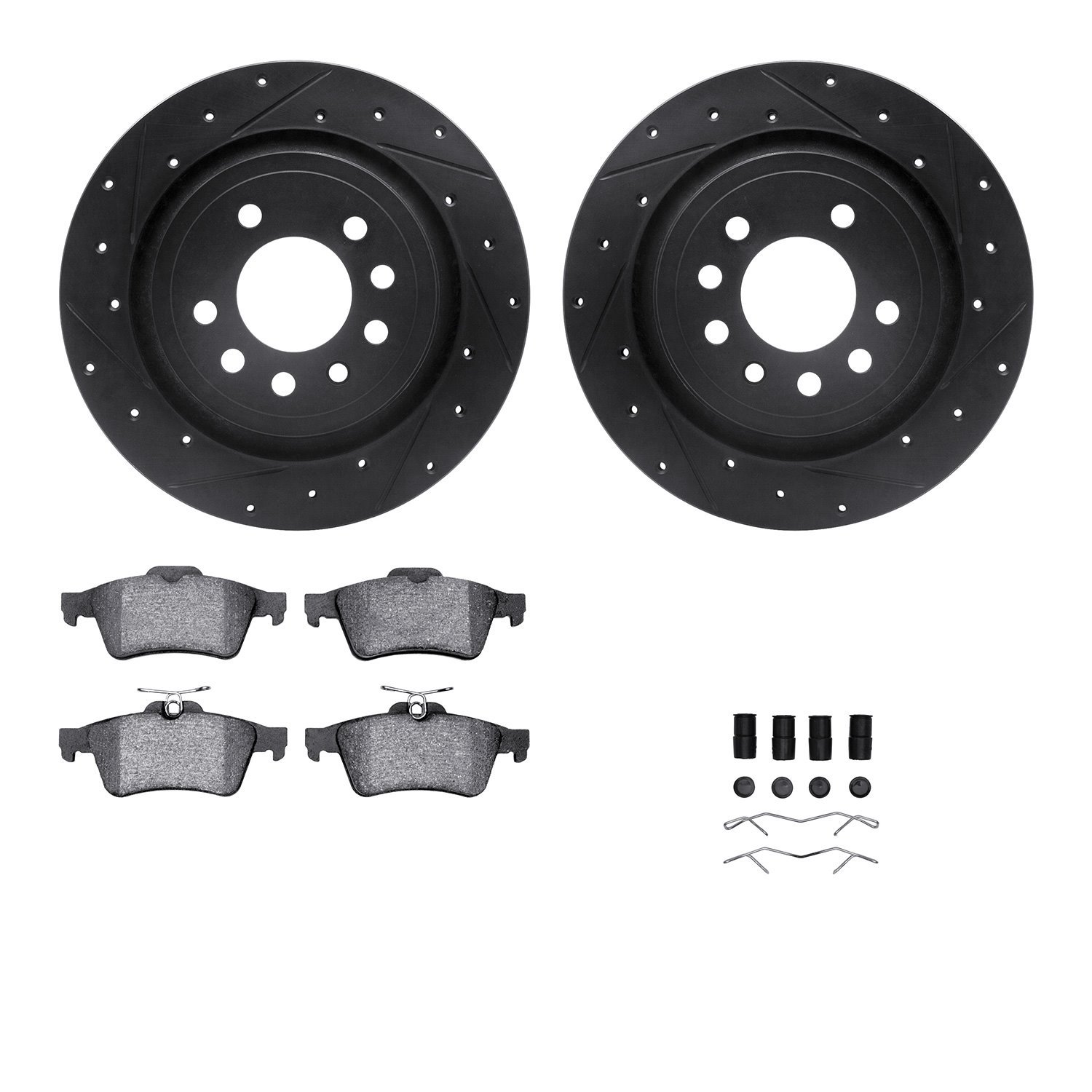 8612-65016 Drilled/Slotted Brake Rotors w/5000 Euro Ceramic Brake Pads Kit & Hardware [Black], 2008-2011 GM, Position: Rear