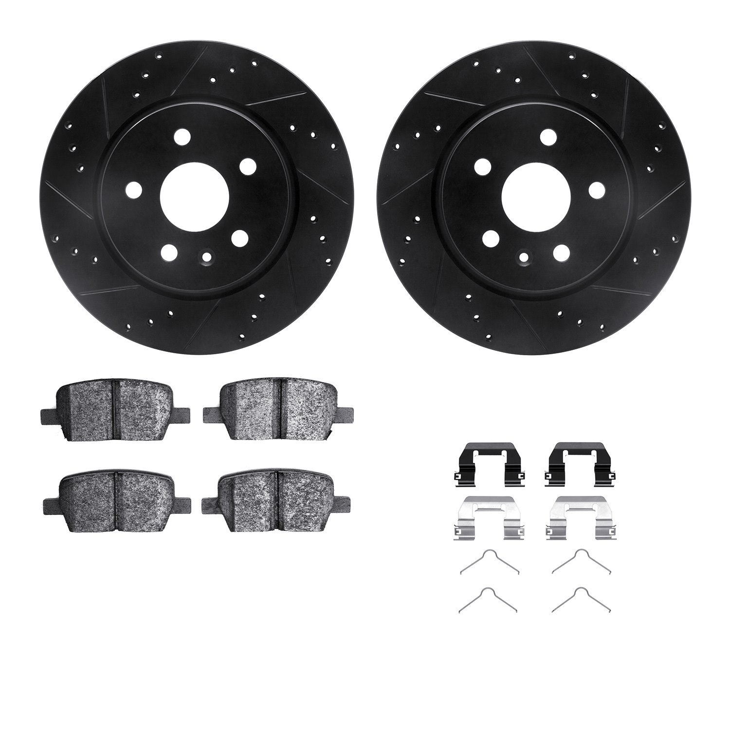 8612-65018 Drilled/Slotted Brake Rotors w/5000 Euro Ceramic Brake Pads Kit & Hardware [Black], Fits Select GM, Position: Rear