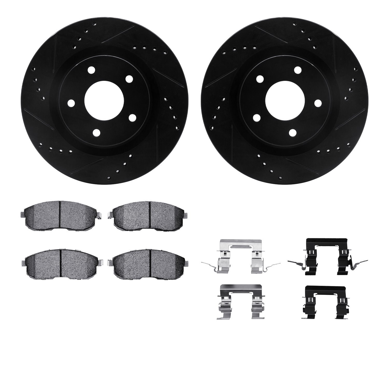 8612-67005 Drilled/Slotted Brake Rotors w/5000 Euro Ceramic Brake Pads Kit & Hardware [Black], 2007-2013 Infiniti/Nissan, Positi