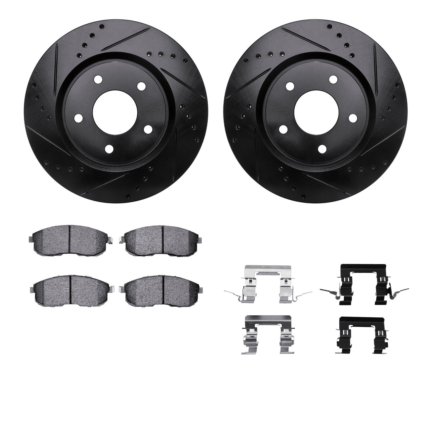 8612-67006 Drilled/Slotted Brake Rotors w/5000 Euro Ceramic Brake Pads Kit & Hardware [Black], 2007-2012 Infiniti/Nissan, Positi