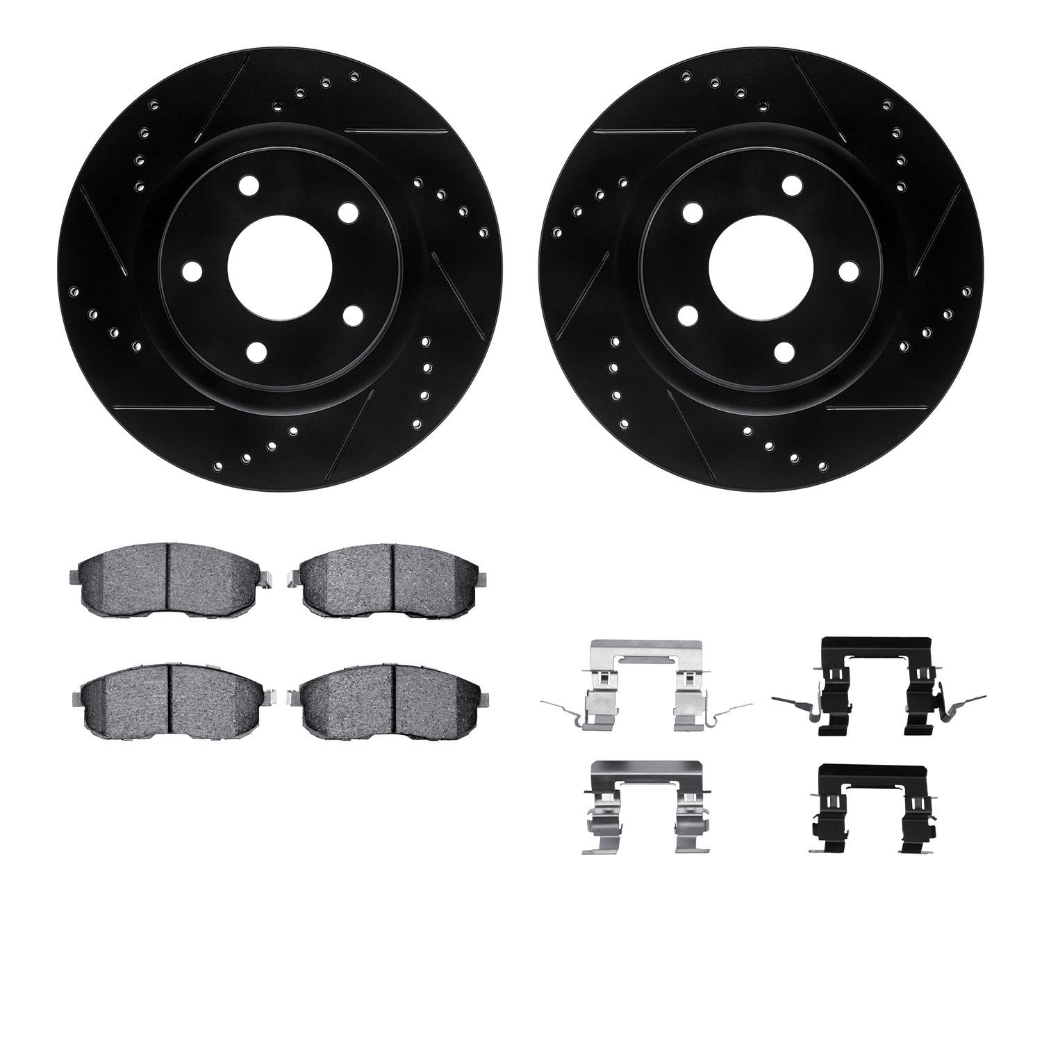 8612-67013 Drilled/Slotted Brake Rotors w/5000 Euro Ceramic Brake Pads Kit & Hardware [Black], 2011-2019 Infiniti/Nissan, Positi
