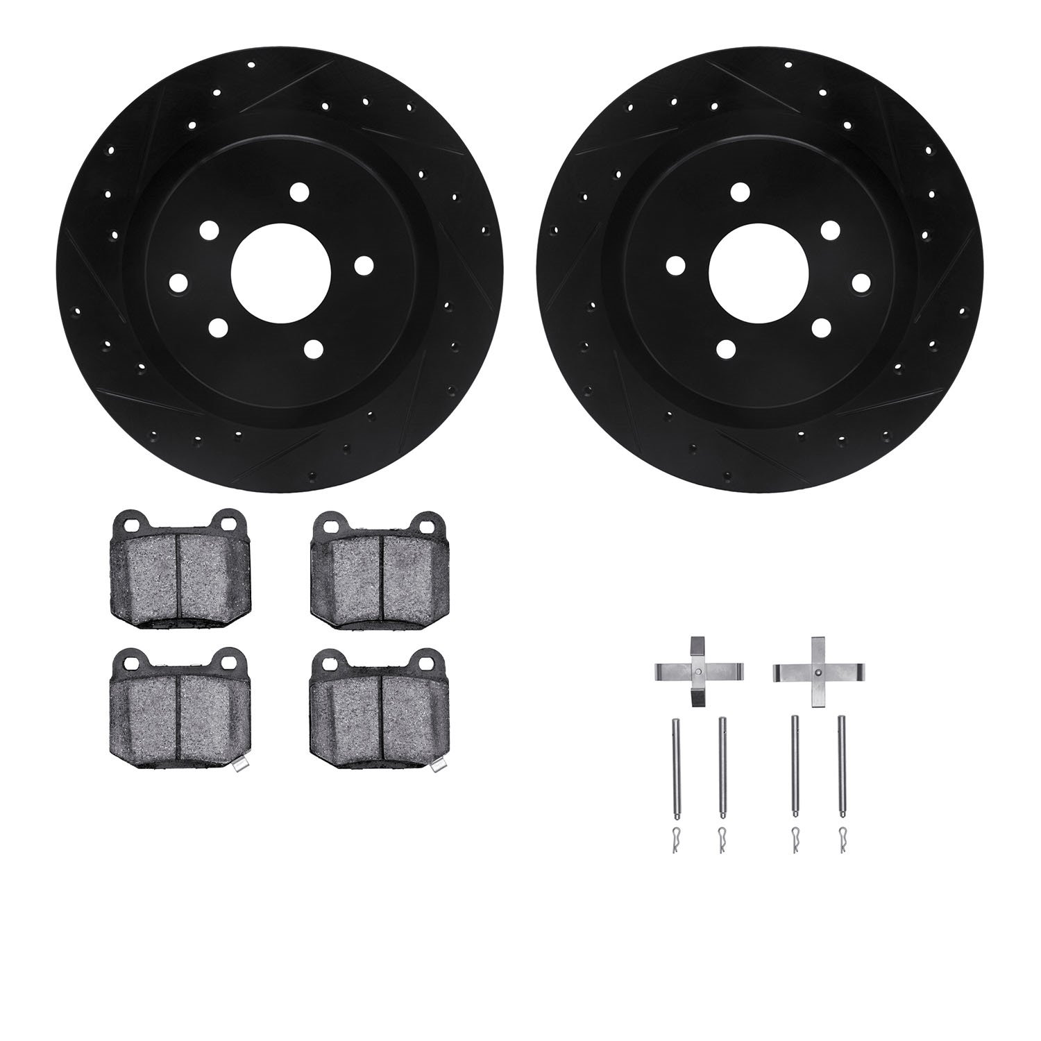 8612-68002 Drilled/Slotted Brake Rotors w/5000 Euro Ceramic Brake Pads Kit & Hardware [Black], 2003-2008 Infiniti/Nissan, Positi