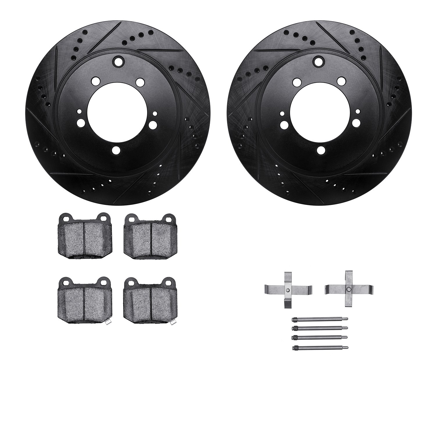 8612-72001 Drilled/Slotted Brake Rotors w/5000 Euro Ceramic Brake Pads Kit & Hardware [Black], 2003-2006 Mitsubishi, Position: R