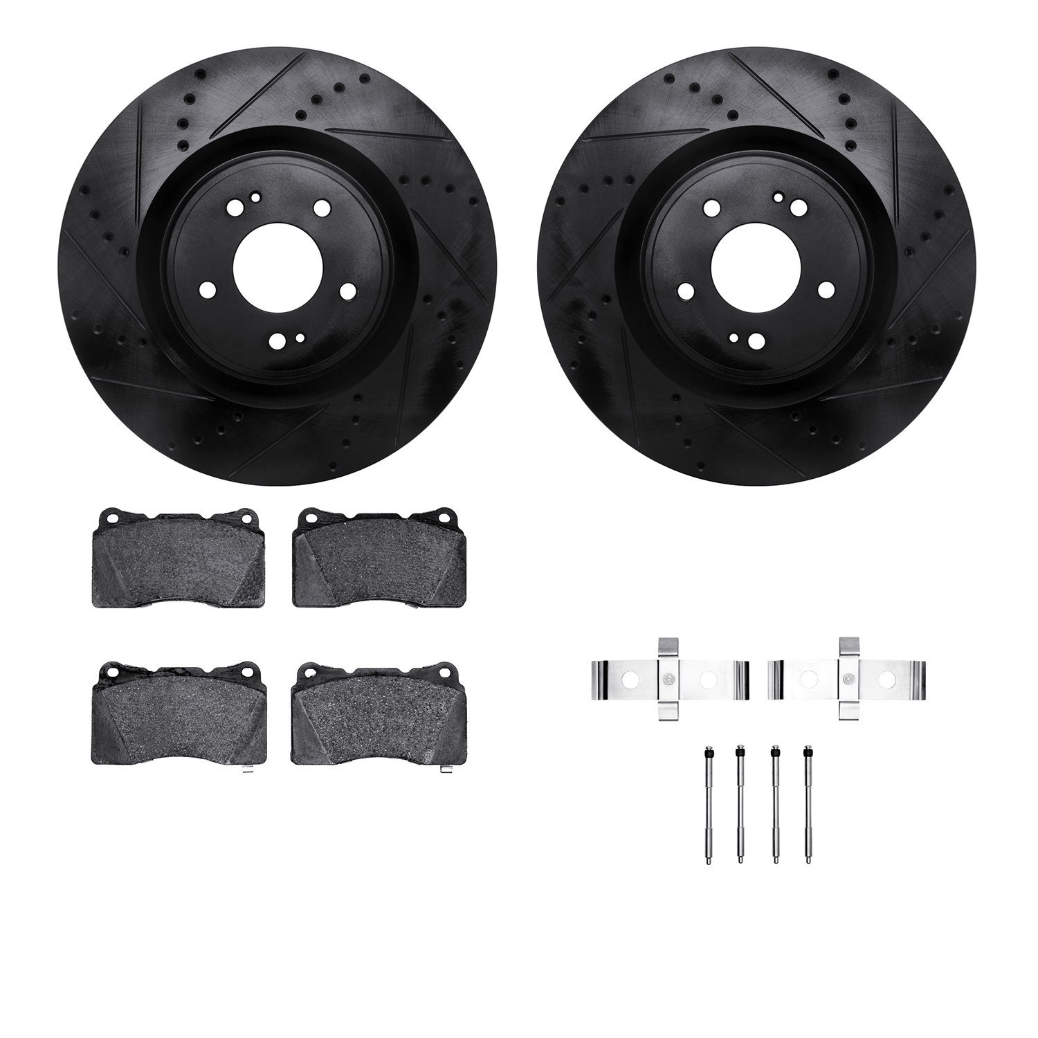 8612-72003 Drilled/Slotted Brake Rotors w/5000 Euro Ceramic Brake Pads Kit & Hardware [Black], 2008-2015 Mitsubishi, Position: F