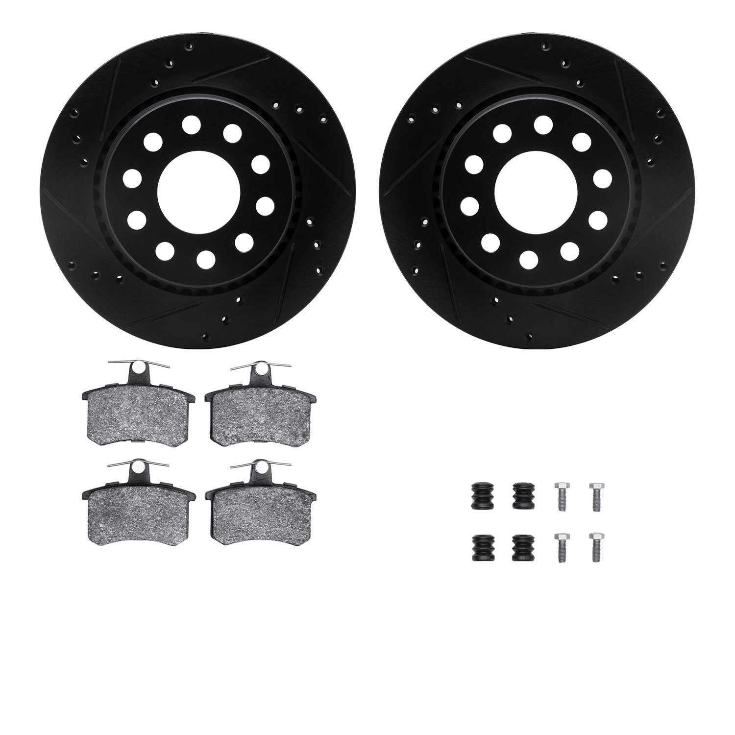 8612-73013 Drilled/Slotted Brake Rotors w/5000 Euro Ceramic Brake Pads Kit & Hardware [Black], 1990-1997 Audi/Volkswagen, Positi