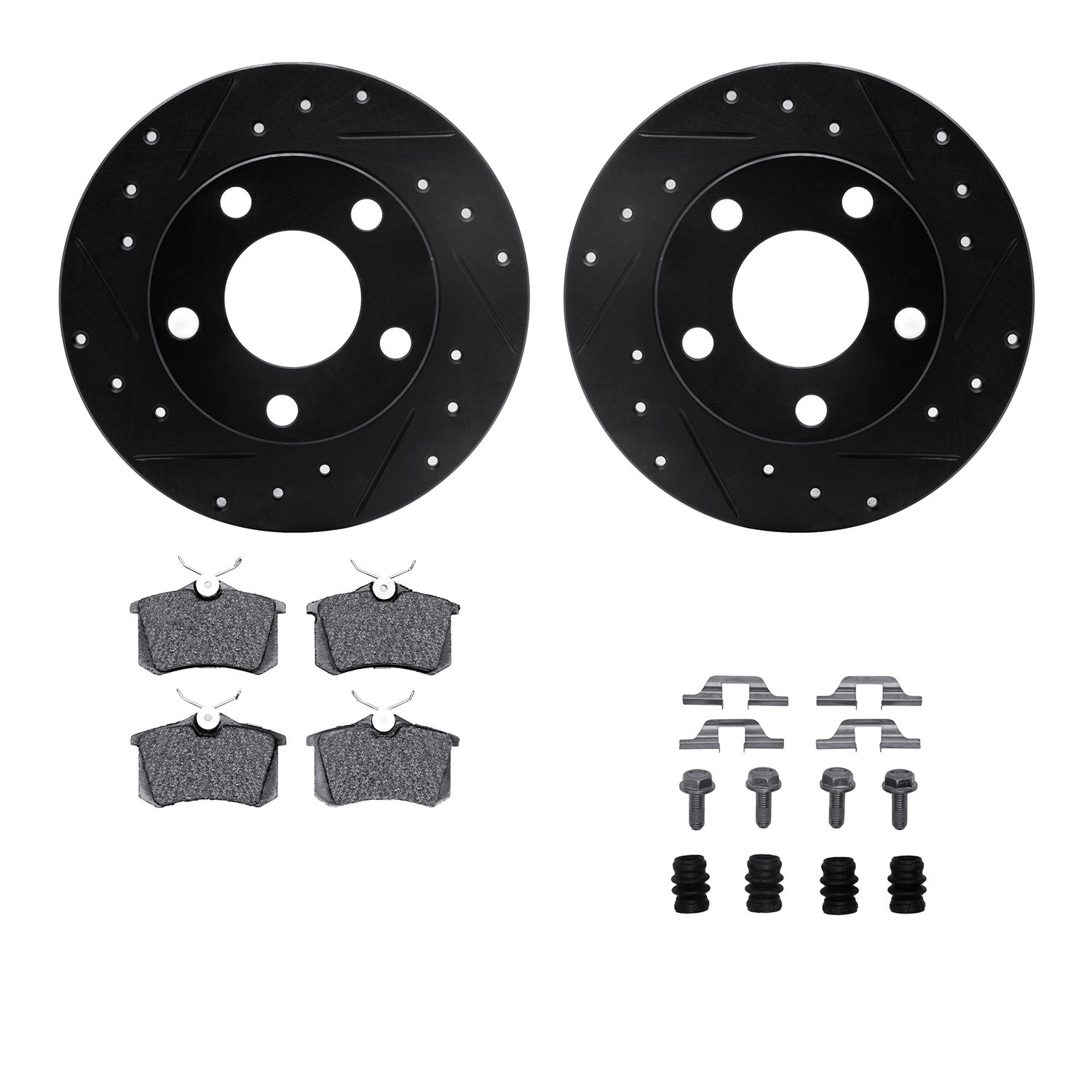 8612-73021 Drilled/Slotted Brake Rotors w/5000 Euro Ceramic Brake Pads Kit & Hardware [Black], 1999-2001 Audi/Volkswagen, Positi