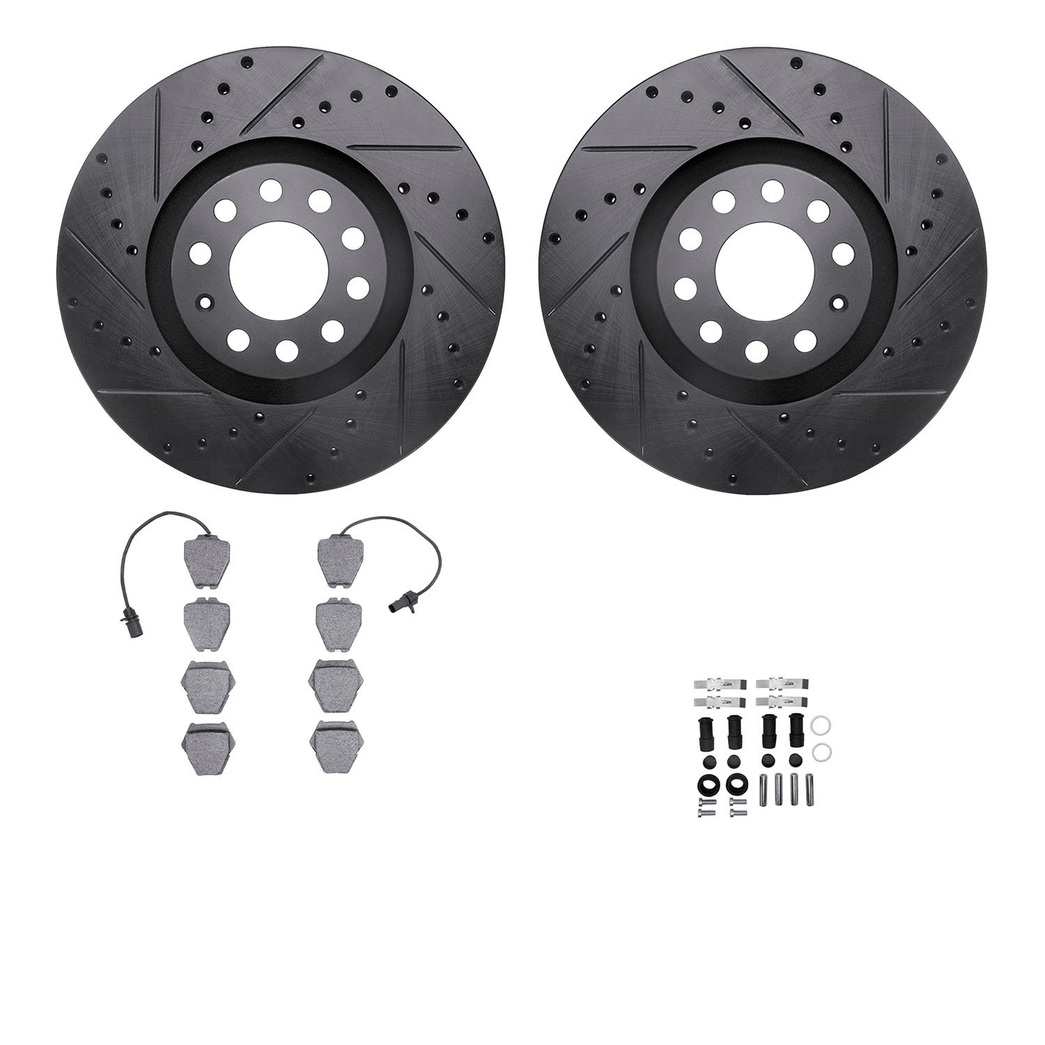 8612-73031 Drilled/Slotted Brake Rotors w/5000 Euro Ceramic Brake Pads Kit & Hardware [Black], 1999-2005 Audi/Volkswagen, Positi