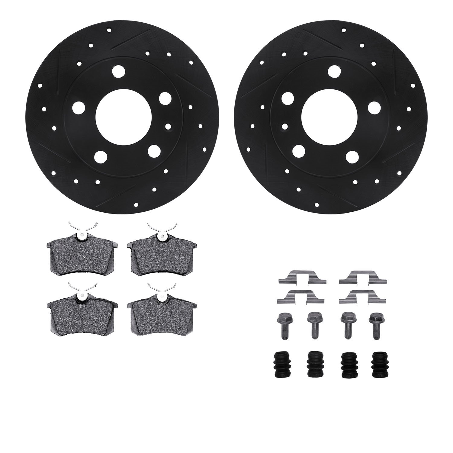 8612-73040 Drilled/Slotted Brake Rotors w/5000 Euro Ceramic Brake Pads Kit & Hardware [Black], 2002-2006 Audi/Volkswagen, Positi