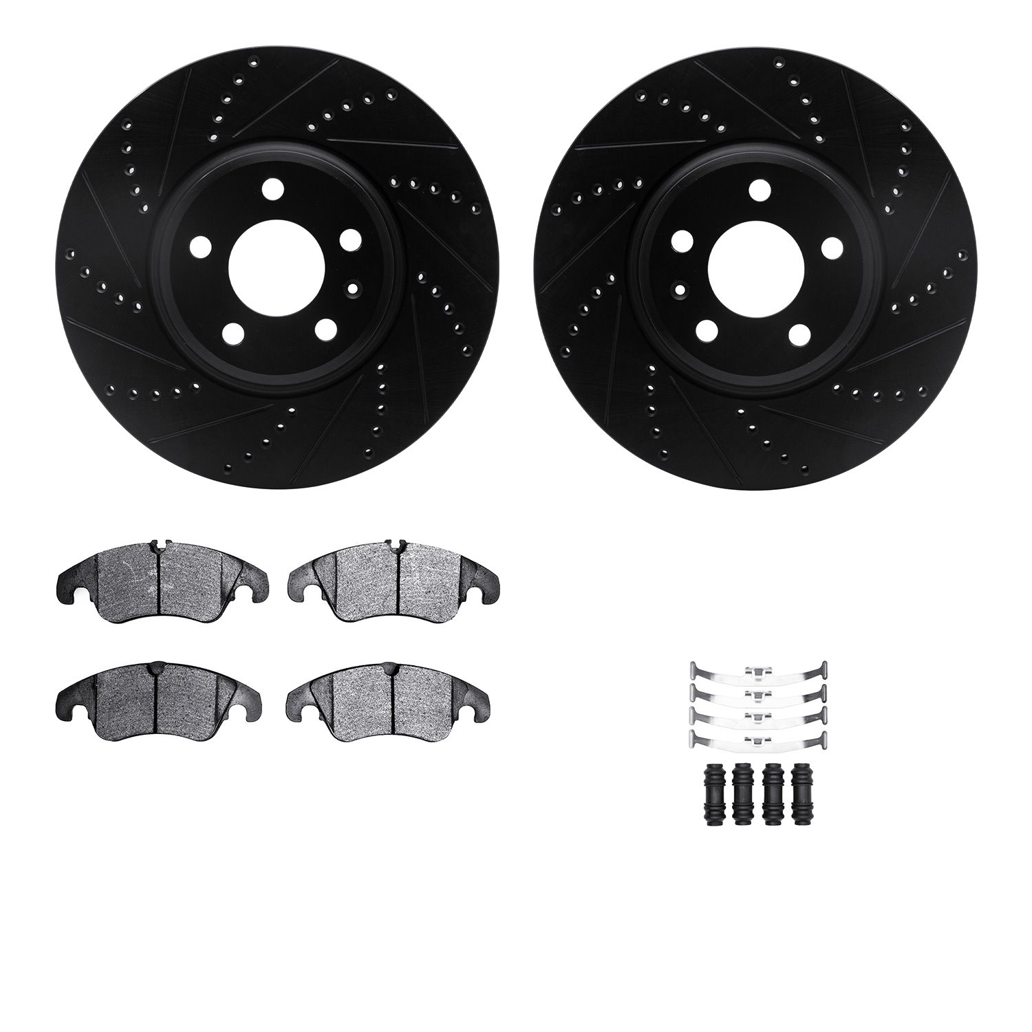 8612-73049 Drilled/Slotted Brake Rotors w/5000 Euro Ceramic Brake Pads Kit & Hardware [Black], 2008-2011 Audi/Volkswagen, Positi
