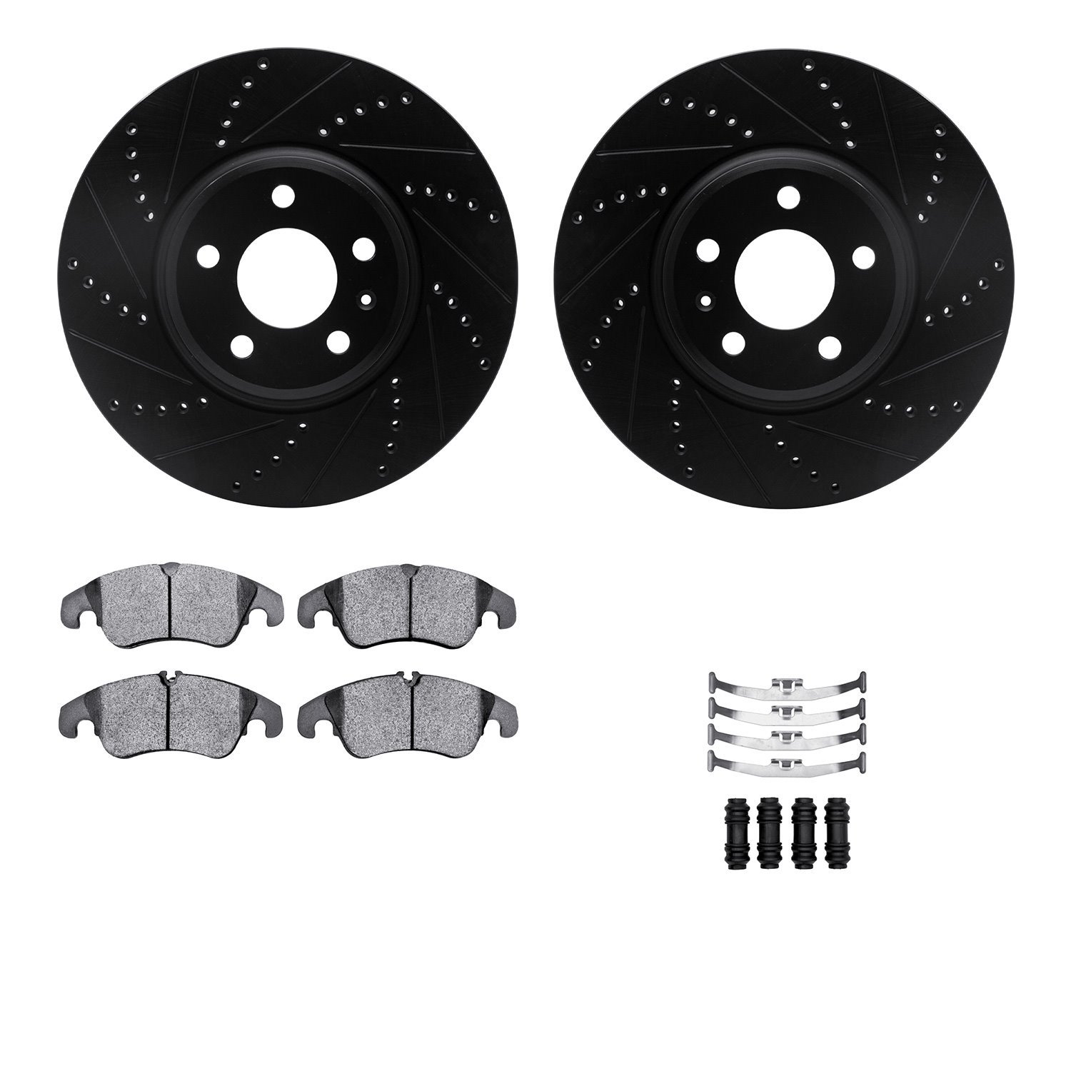 8612-73050 Drilled/Slotted Brake Rotors w/5000 Euro Ceramic Brake Pads Kit & Hardware [Black], 2009-2012 Audi/Volkswagen, Positi