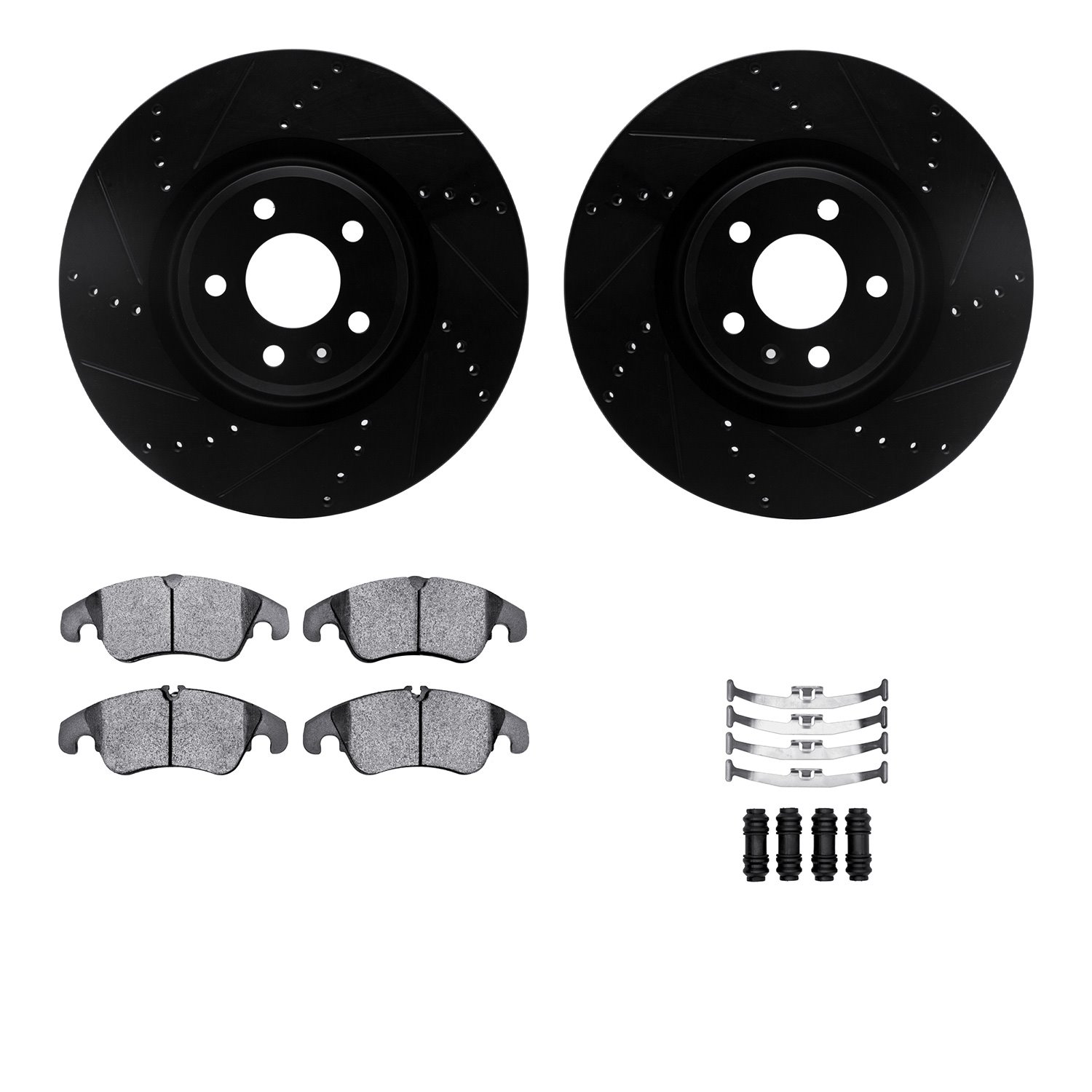 8612-73058 Drilled/Slotted Brake Rotors w/5000 Euro Ceramic Brake Pads Kit & Hardware [Black], 2012-2017 Audi/Volkswagen, Positi