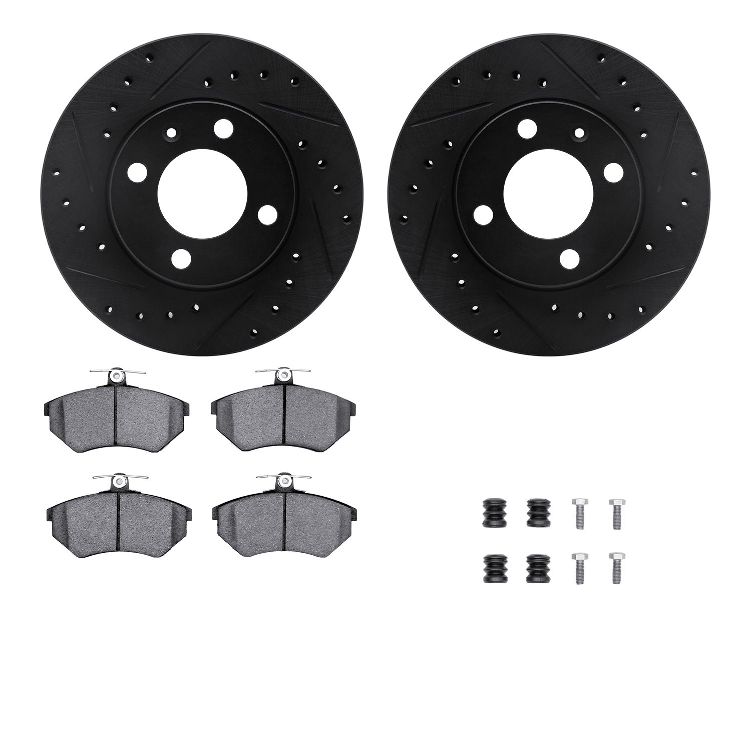 8612-74003 Drilled/Slotted Brake Rotors w/5000 Euro Ceramic Brake Pads Kit & Hardware [Black], 1988-1988 Audi/Volkswagen, Positi