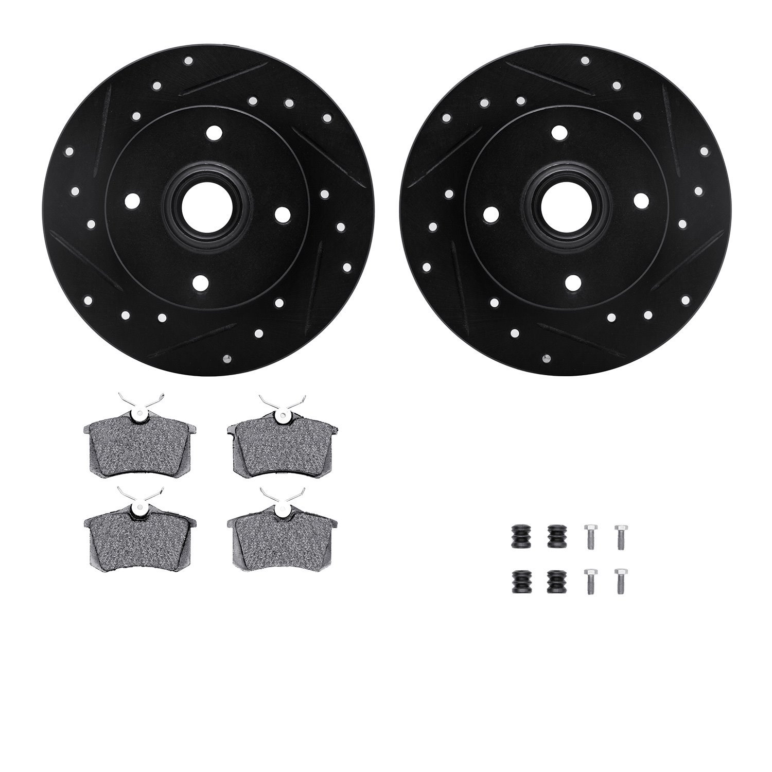 8612-74005 Drilled/Slotted Brake Rotors w/5000 Euro Ceramic Brake Pads Kit & Hardware [Black], 1985-1998 Audi/Volkswagen, Positi