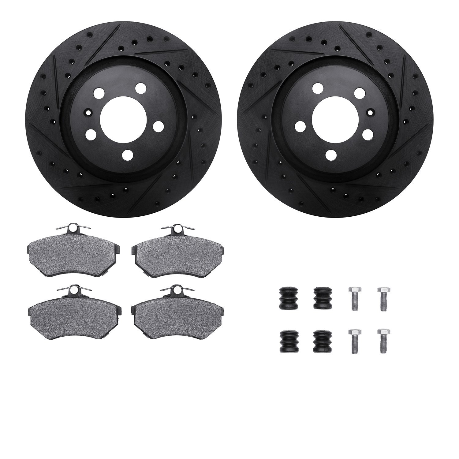 8612-74009 Drilled/Slotted Brake Rotors w/5000 Euro Ceramic Brake Pads Kit & Hardware [Black], 1995-1995 Audi/Volkswagen, Positi