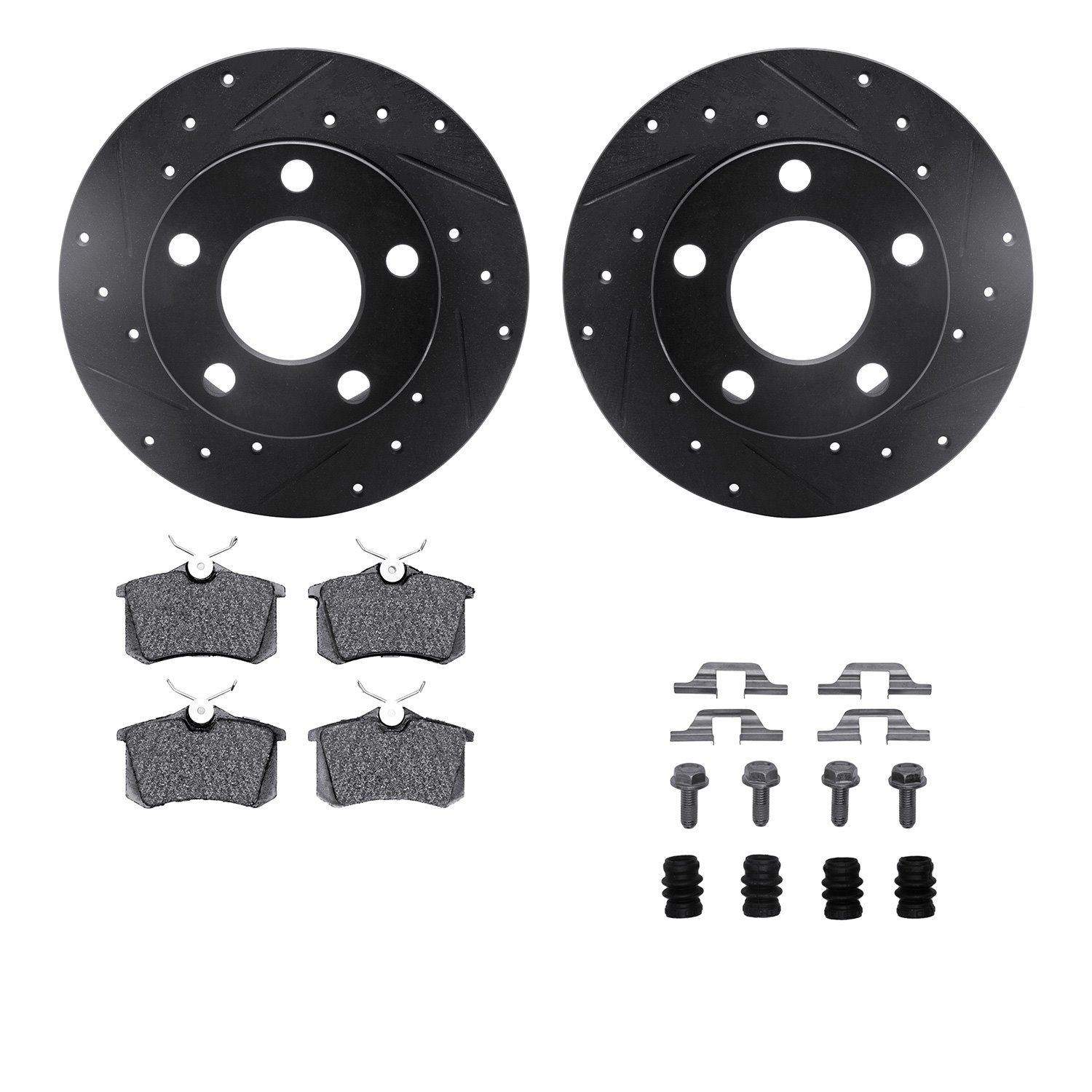 8612-74013 Drilled/Slotted Brake Rotors w/5000 Euro Ceramic Brake Pads Kit & Hardware [Black], 2002-2004 Audi/Volkswagen, Positi