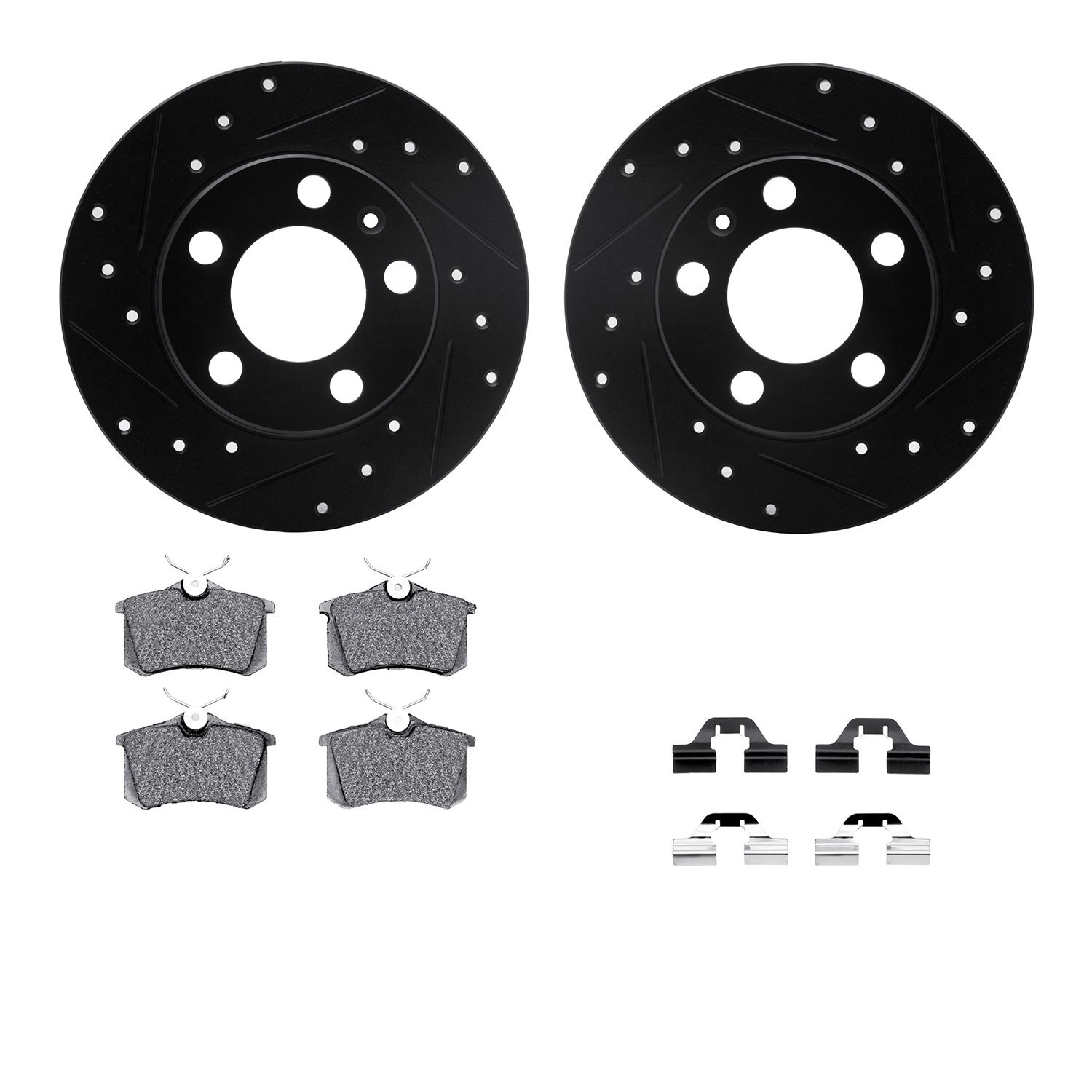 8612-74021 Drilled/Slotted Brake Rotors w/5000 Euro Ceramic Brake Pads Kit & Hardware [Black], 1999-2015 Audi/Volkswagen, Positi