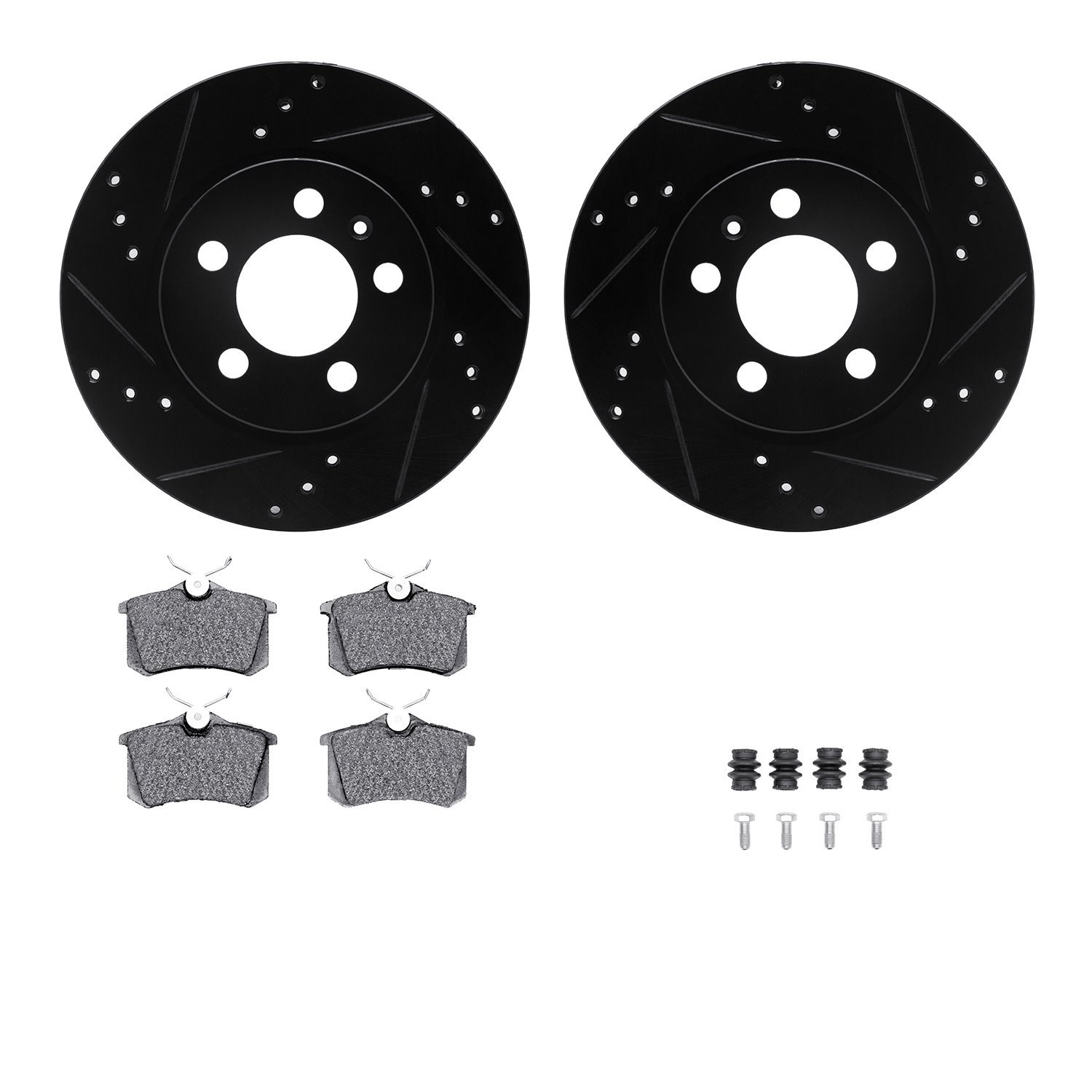 8612-74027 Drilled/Slotted Brake Rotors w/5000 Euro Ceramic Brake Pads Kit & Hardware [Black], 2000-2006 Audi/Volkswagen, Positi