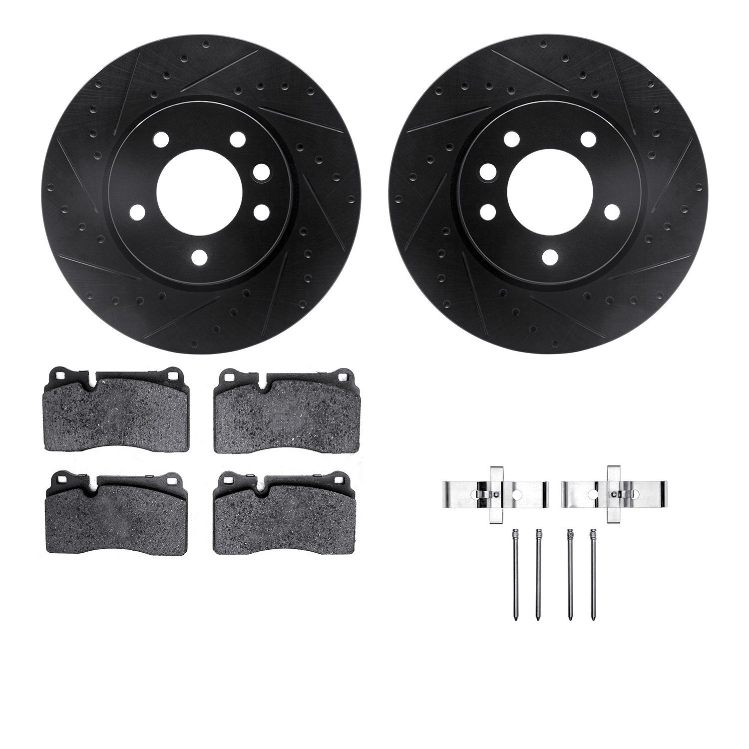 8612-74049 Drilled/Slotted Brake Rotors w/5000 Euro Ceramic Brake Pads Kit & Hardware [Black], 2006-2018 Audi/Volkswagen, Positi