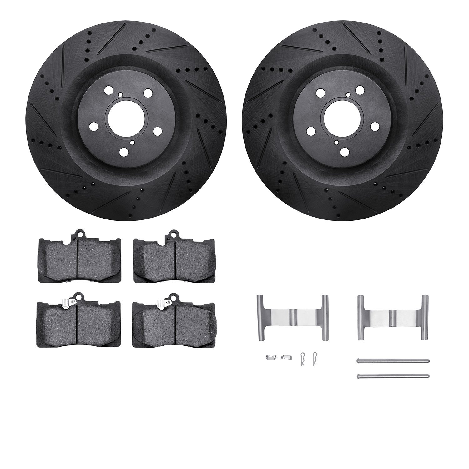 8612-75009 Drilled/Slotted Brake Rotors w/5000 Euro Ceramic Brake Pads Kit & Hardware [Black], 2013-2020 Lexus/Toyota/Scion, Pos